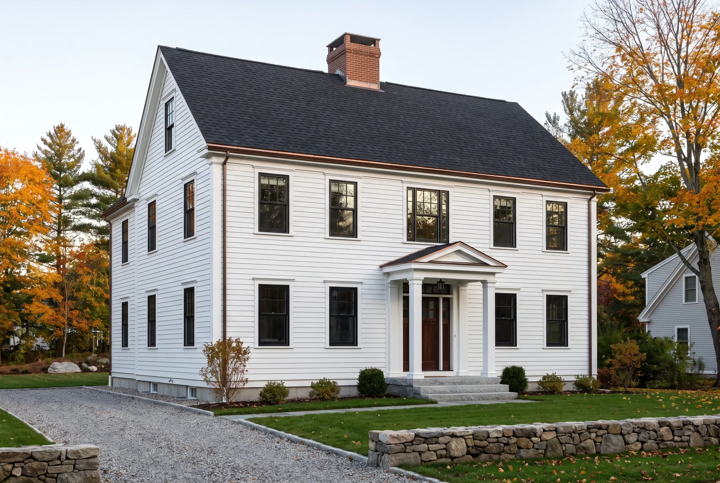 Classic Colonial Home: White vinyl-sided two-story house with black shutters and trim, dark roof, brick chimney, front portico, surrounded by autumn trees and stone walls.