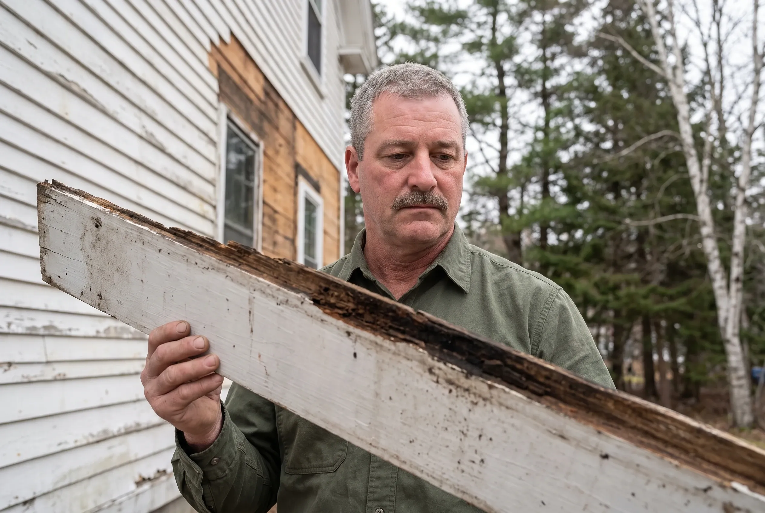 Paul Sawyer holding a length of old painted clapboard pulled from a wall, turned to show its soft, rotted back edge