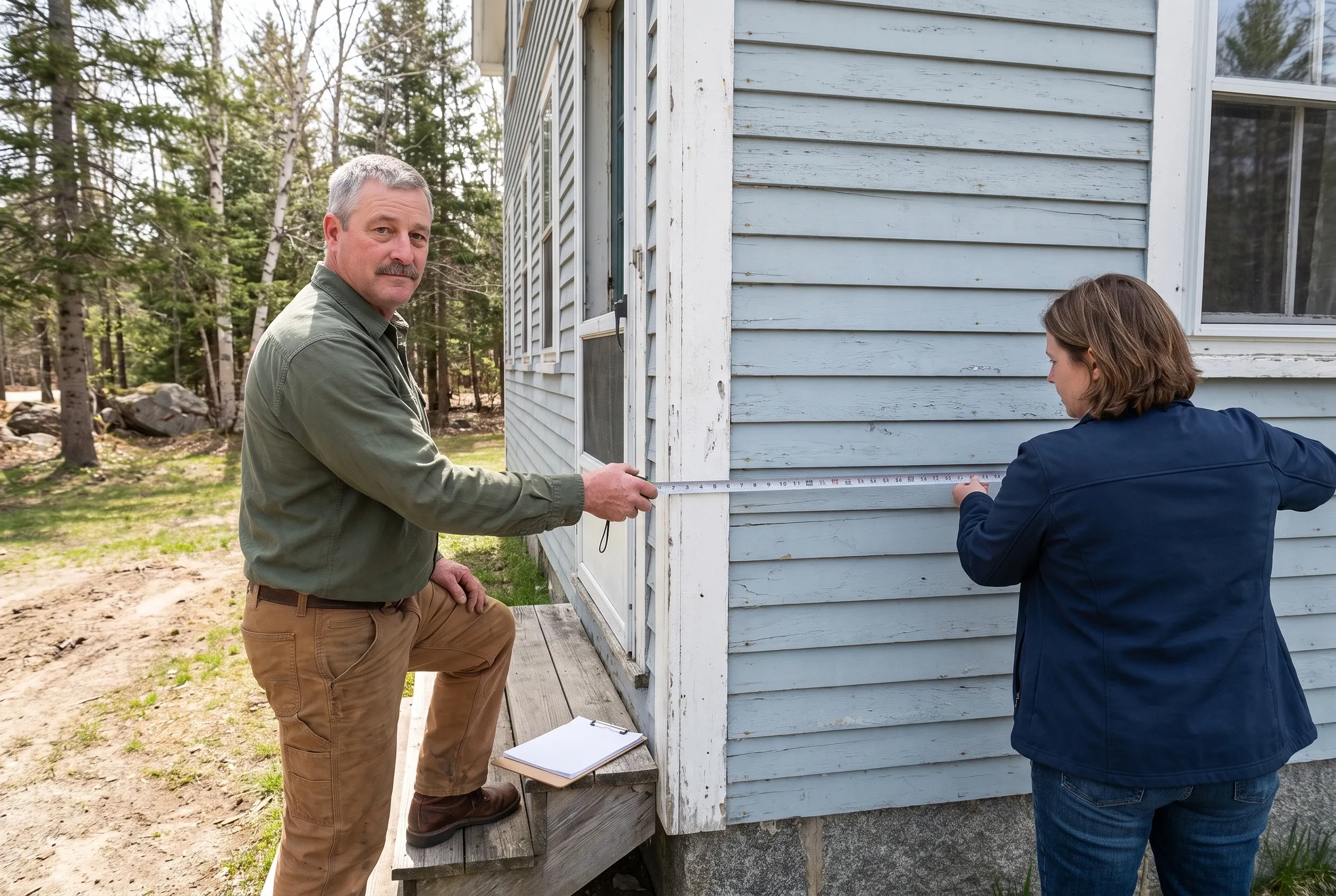Paul Sawyer and a homeowner stretching a tape measure along the lap siding of a two-story Portland house, a clipboard resting on the porch steps