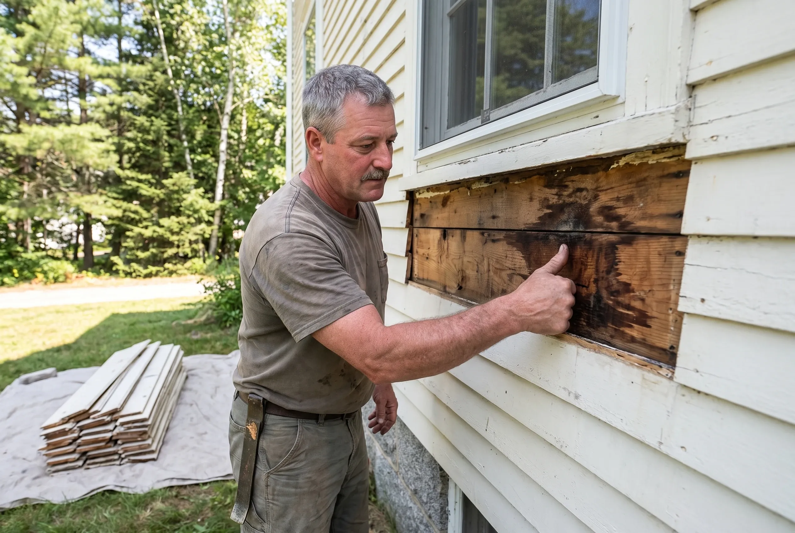 Paul Sawyer pressing his thumb into a dark, soft patch of wall sheathing under a first-floor window on a Portland house, the old clapboards stripped away around it