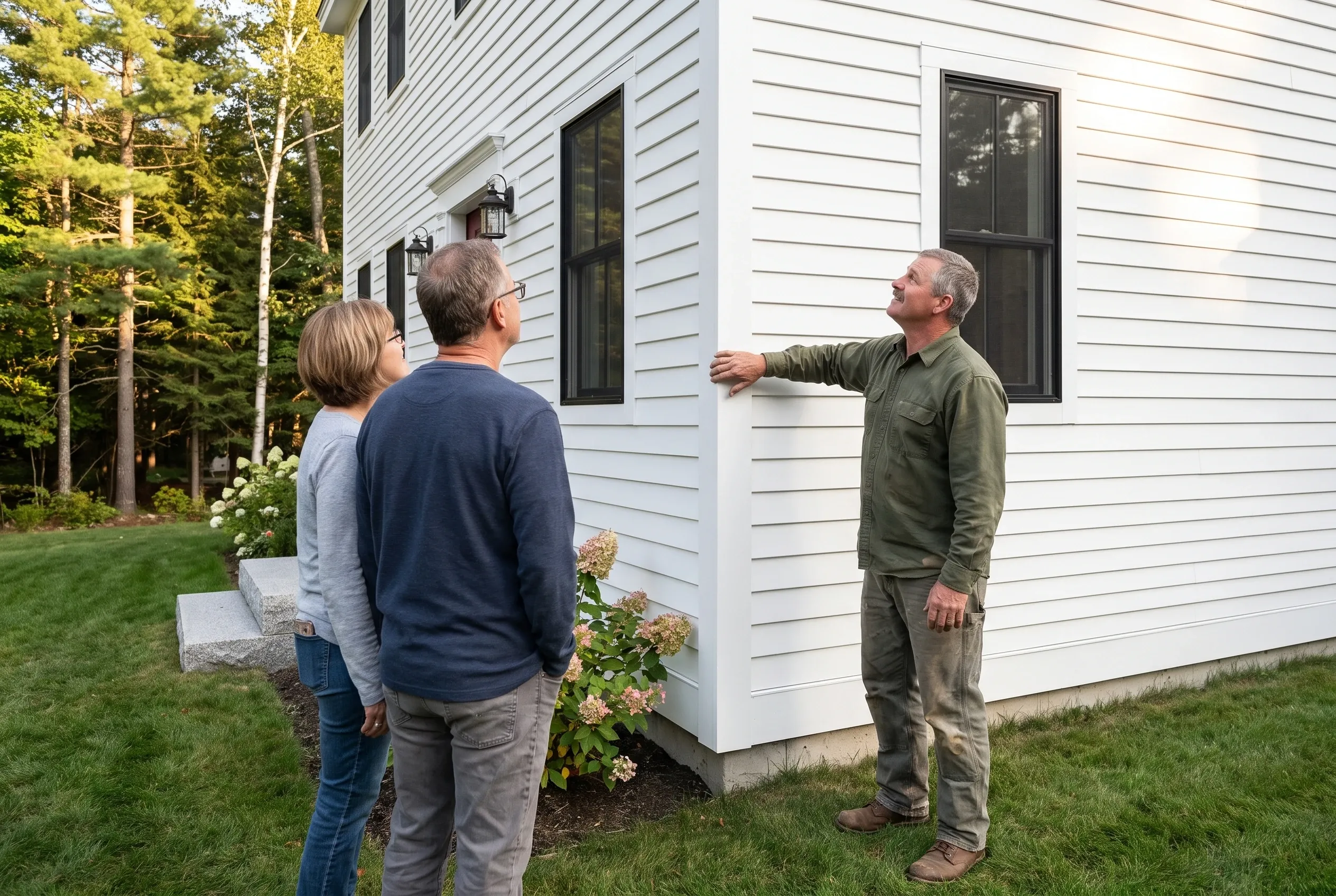 Paul Sawyer and two homeowners at the corner of a newly re-sided house in Portland, Maine, Paul running his hand down a new white corner board