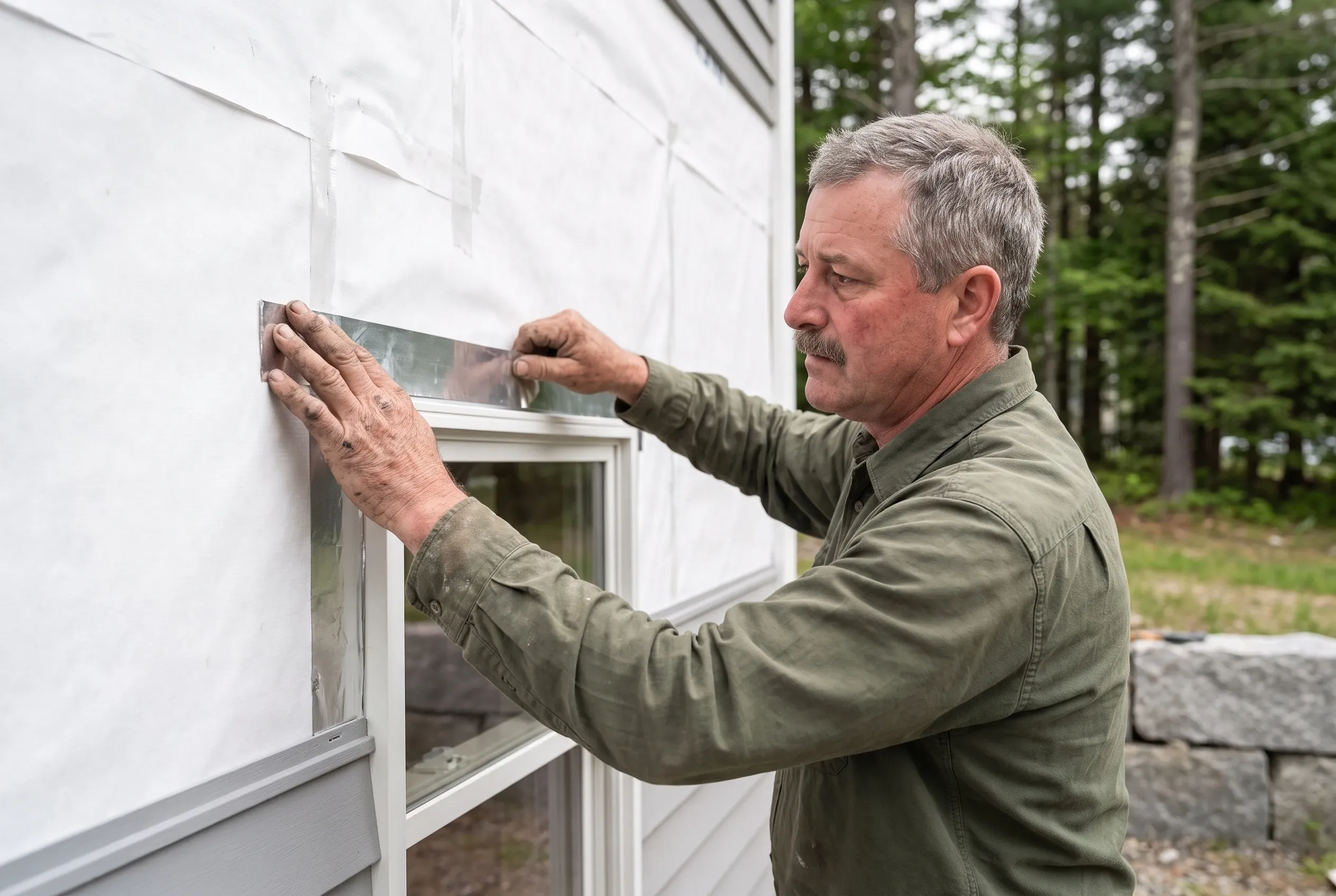 Paul Sawyer smoothing flashing tape along the top of a first-floor window opening set in fresh white housewrap on a Portland house