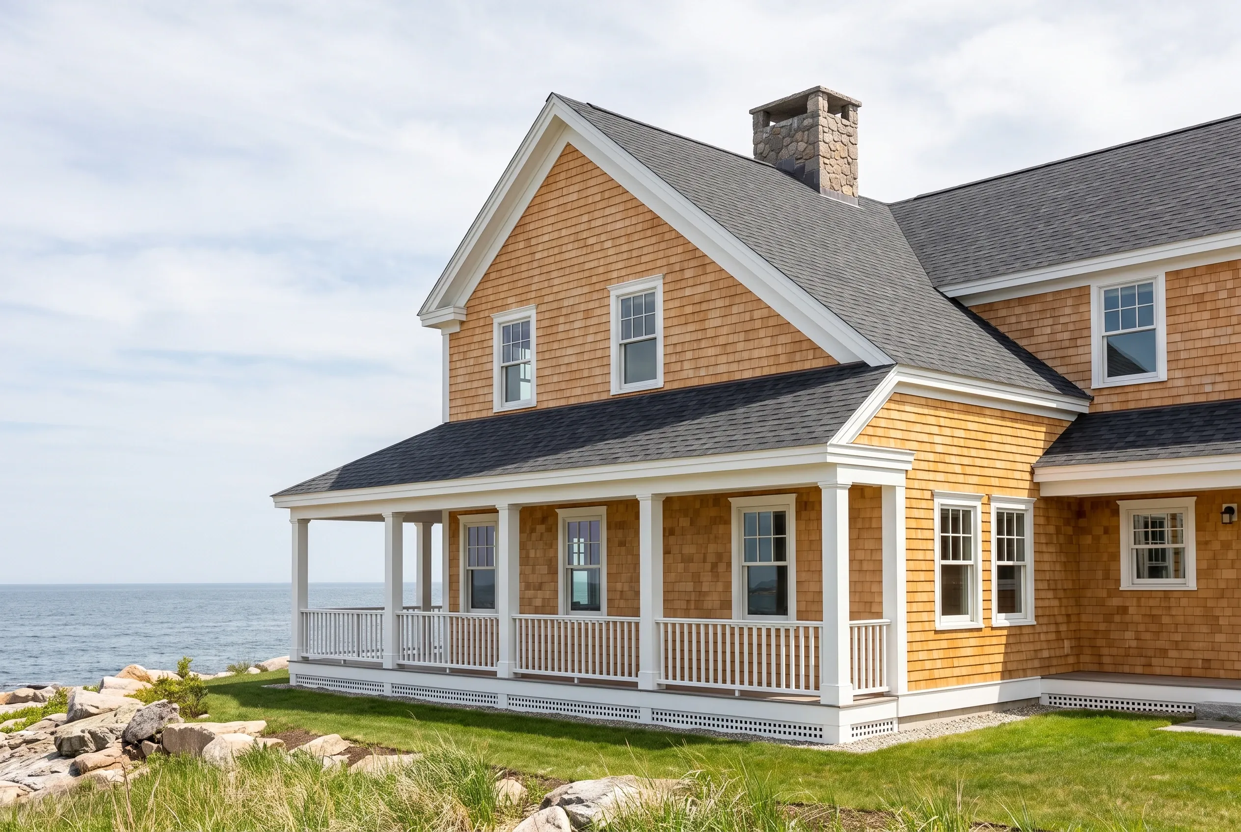 Coastal Home: Two-story house with golden cedar shake siding, white trim, and gray roof overlooking the ocean in Maine.