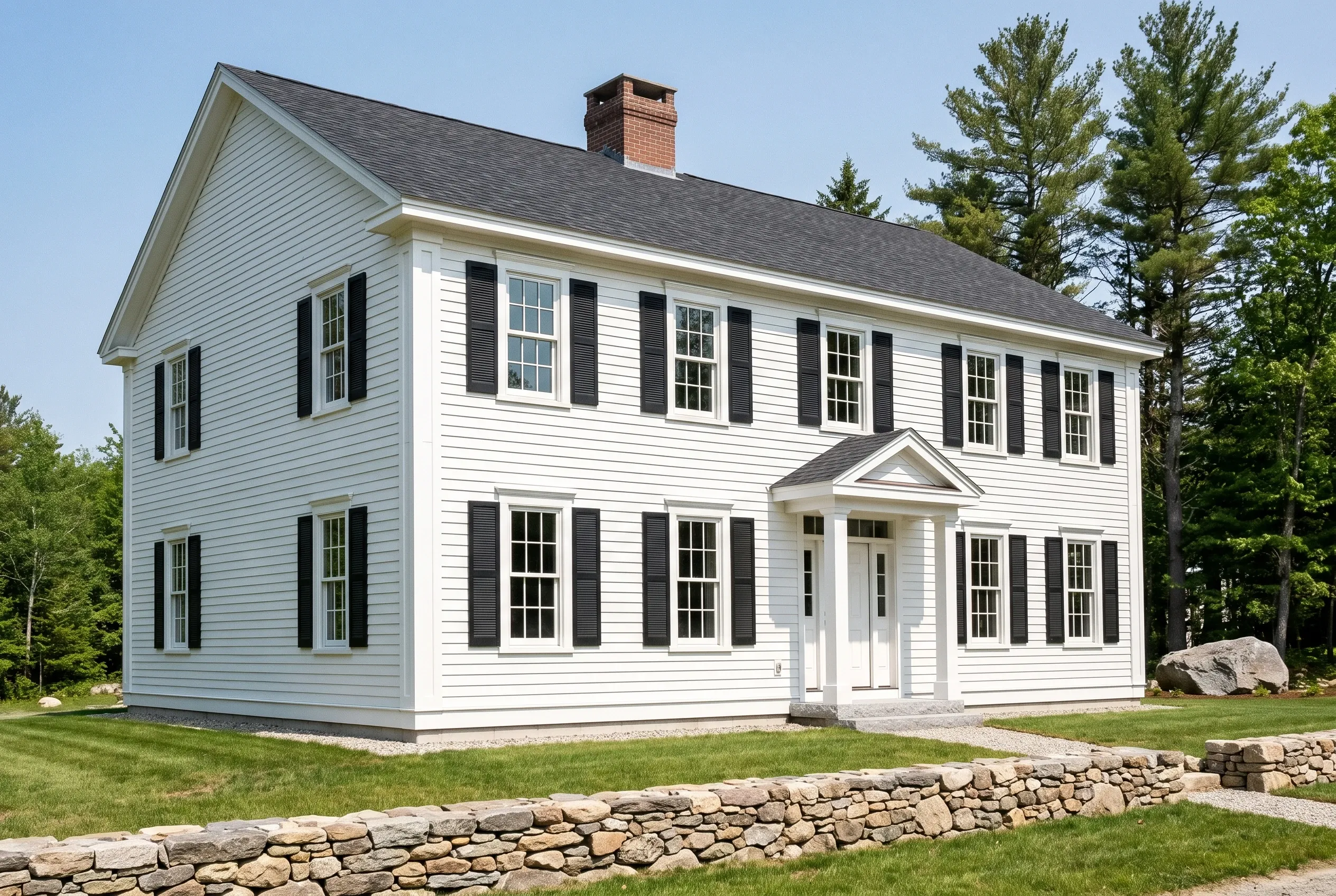 White Colonial Home: Two-story white vinyl-sided house with black shutters, brick chimney, and dark roof surrounded by trees and stone wall.