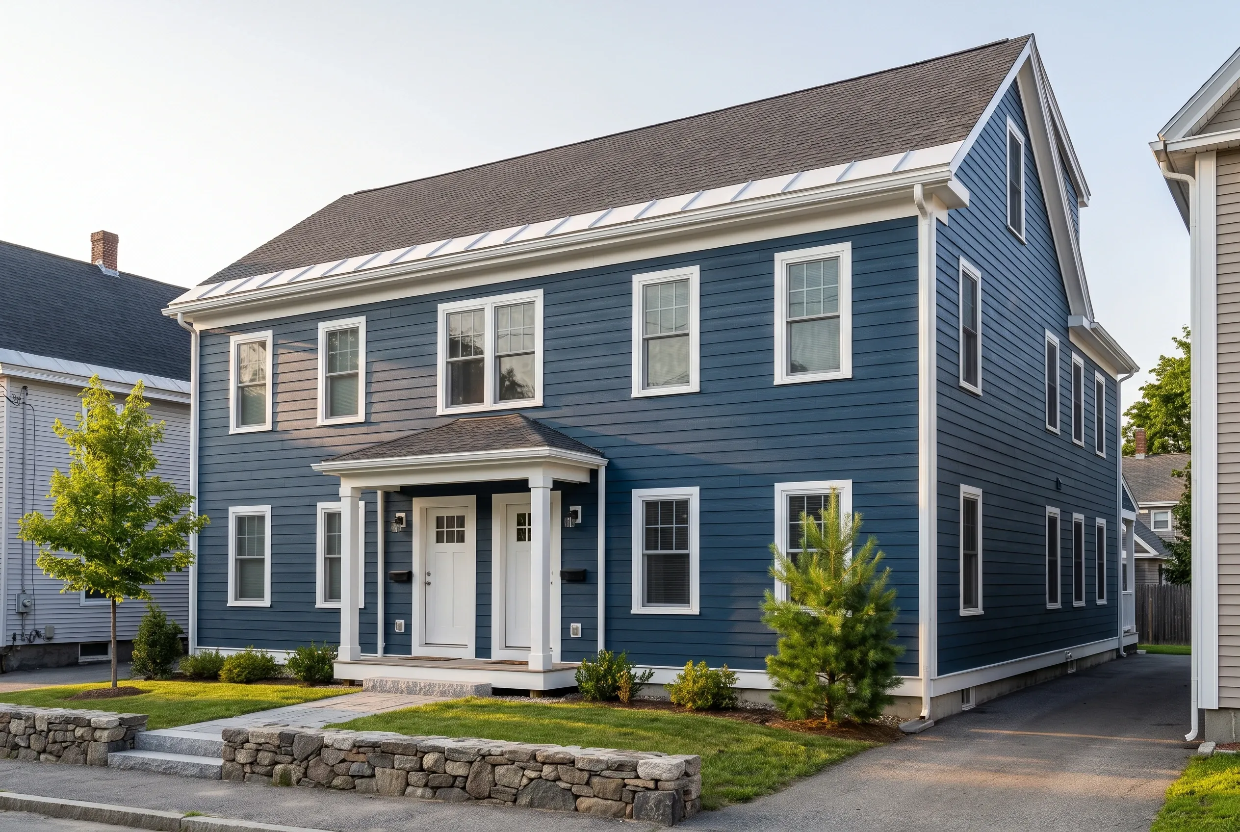 New Colonial Home: Two-story blue vinyl-sided house with white trim and gray roof in residential Maine neighborhood.