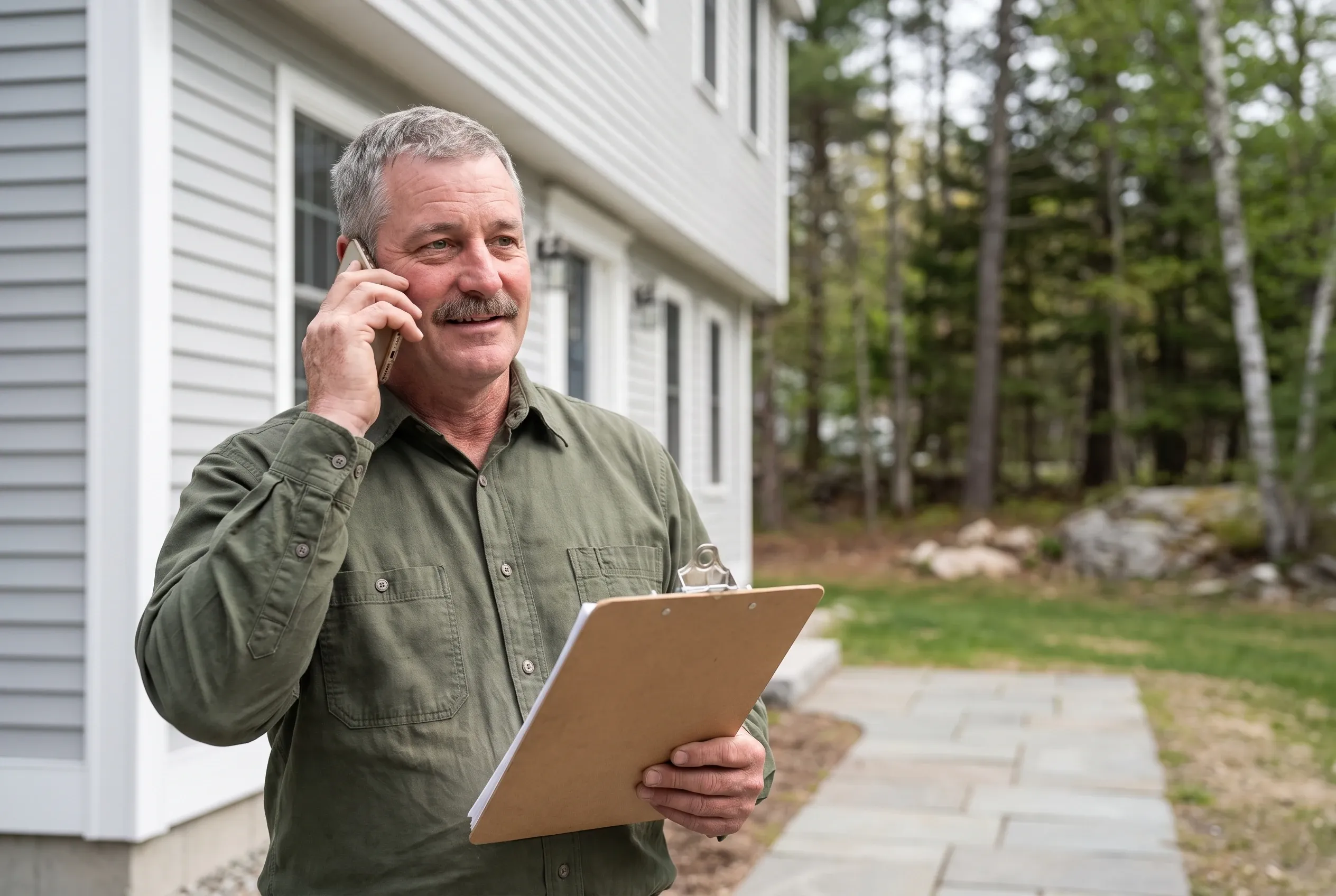 Paul Sawyer on the phone with a clipboard in hand beside a Portland house freshly re-sided in pale gray lap siding with white corner boards