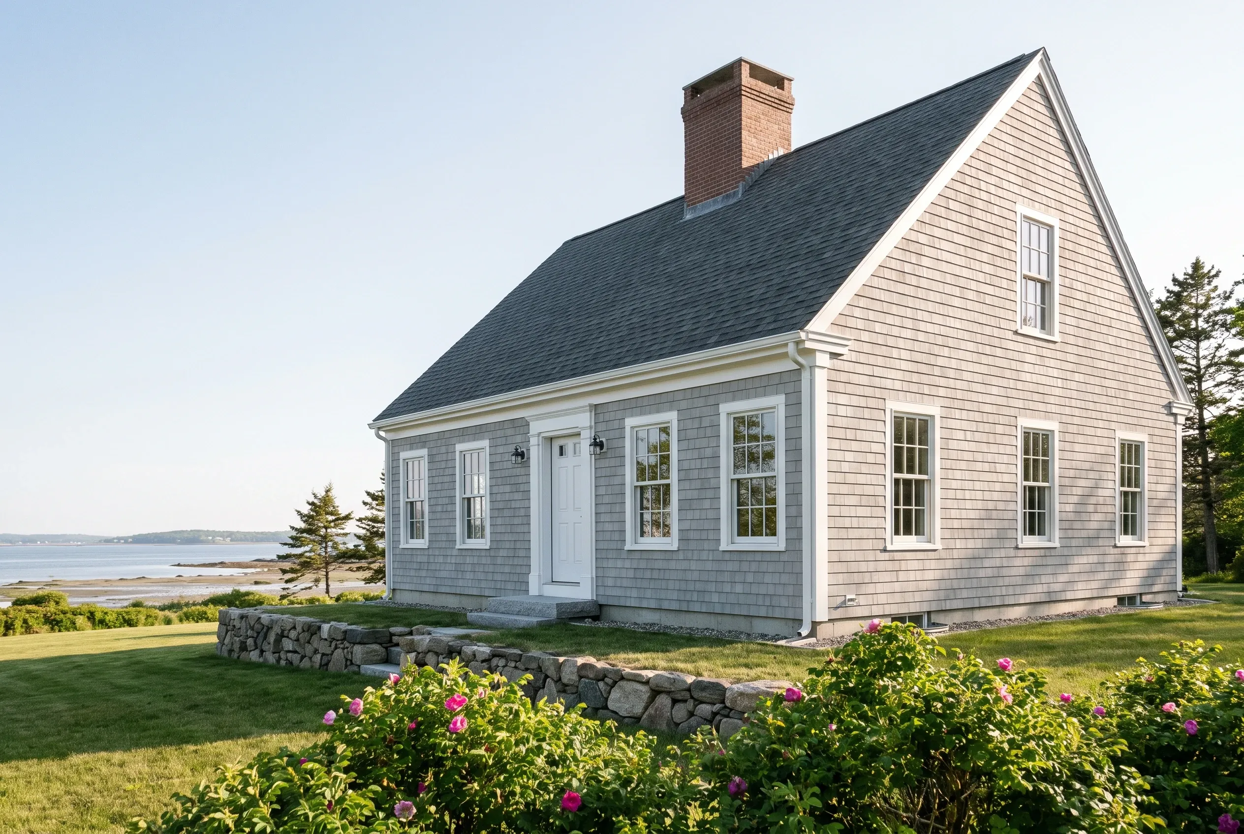 Coastal cottage in Portland ME: Single-story house with light blue-gray shingle siding, white trim, dark gray roof, brick chimney, and dormer. Stone foundation, manicured lawn with pink flowering shrubs, evergreen trees, and water view in background.