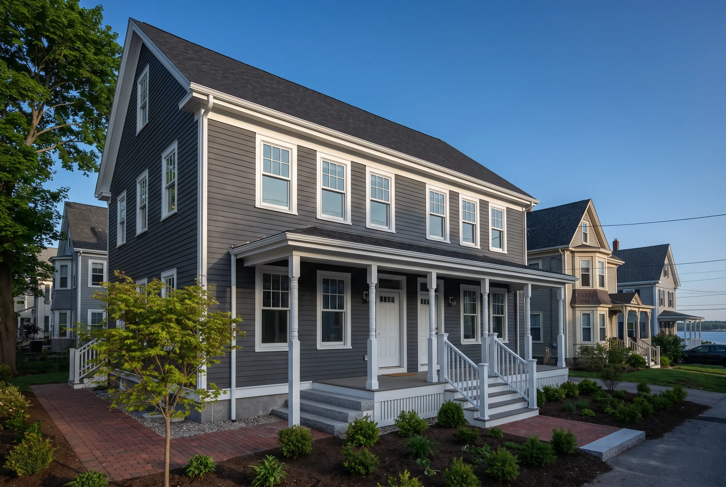 Siding contractors in Portland, ME: Two-story house with dark gray horizontal siding, white trim, black roof, white front porch with railings, brick walkway, landscaping, neighboring houses visible, clear blue sky.