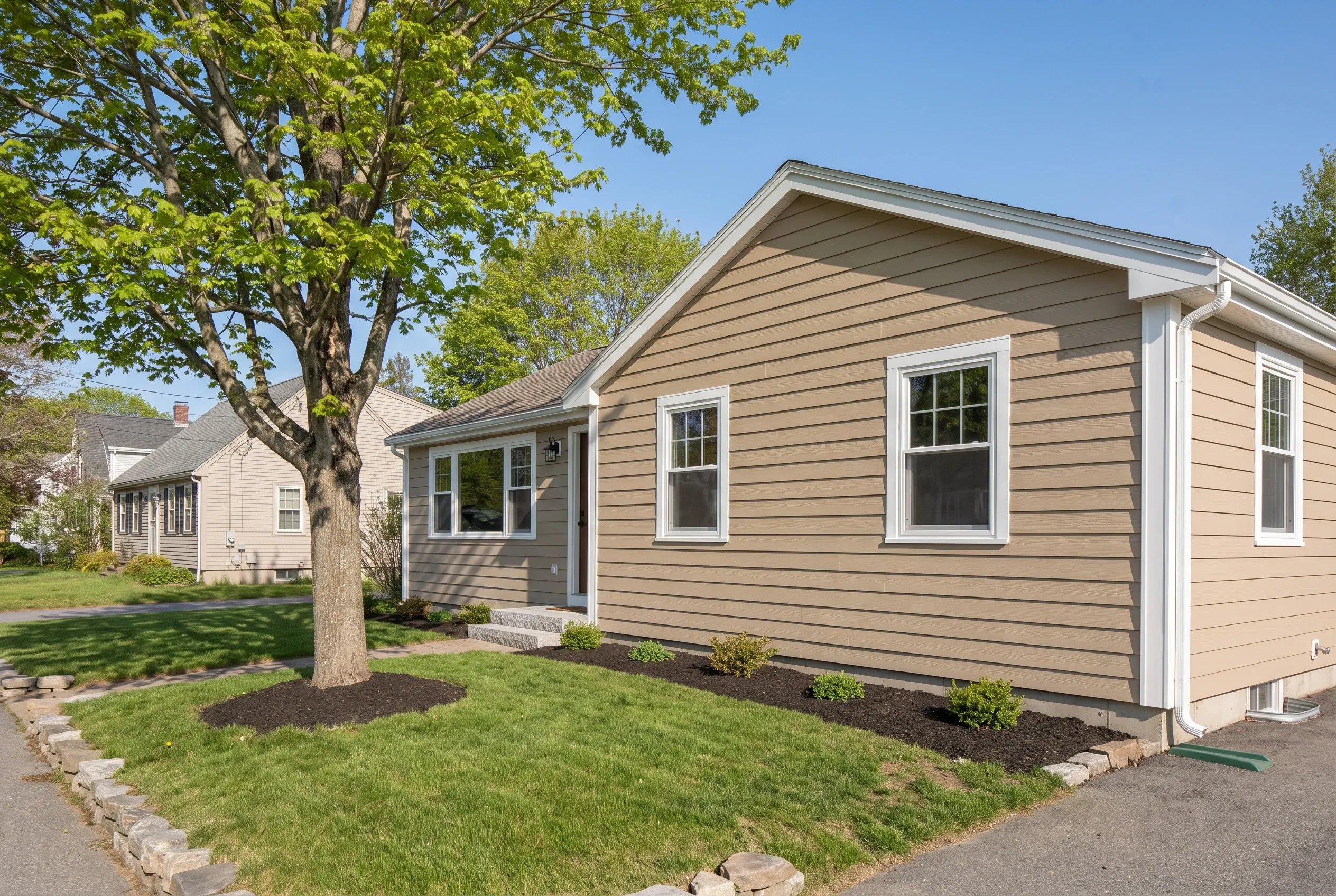 Re-sided ranch home in Portland, ME: Single-story house with tan horizontal siding, white trim, and dark roof. Large mature tree in front yard with mulched base. Manicured lawn and stone border edging. Neighboring houses visible.