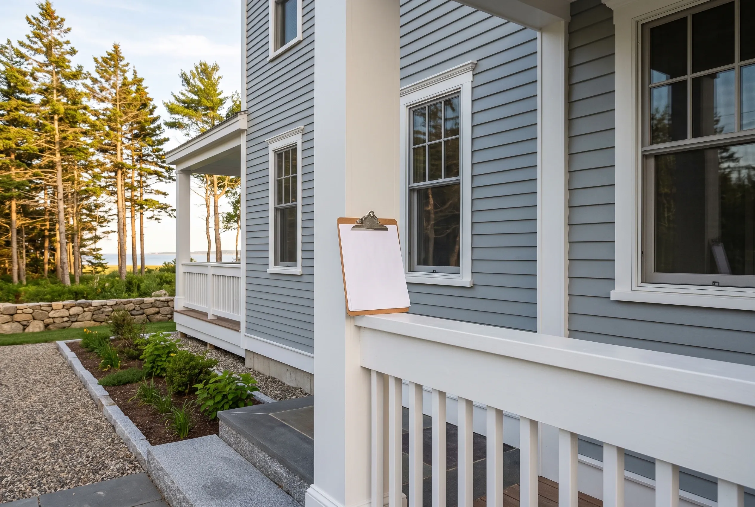 Gray and white sided house in Portland ME: A two-story residential home with gray horizontal siding, white trim, and white railings. Large windows and a clipboard on the exterior wall. Stone wall and evergreen trees visible in background.