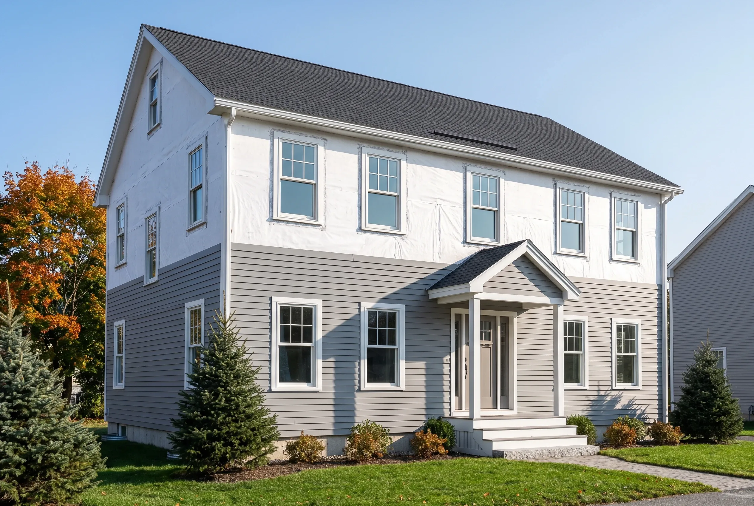 Re-sided colonial in Portland, ME: Two-story house with white upper level and gray lower level horizontal siding, white trim, dark gray roof, front gable, covered entry porch, landscaped front yard with evergreens and fall foliage.