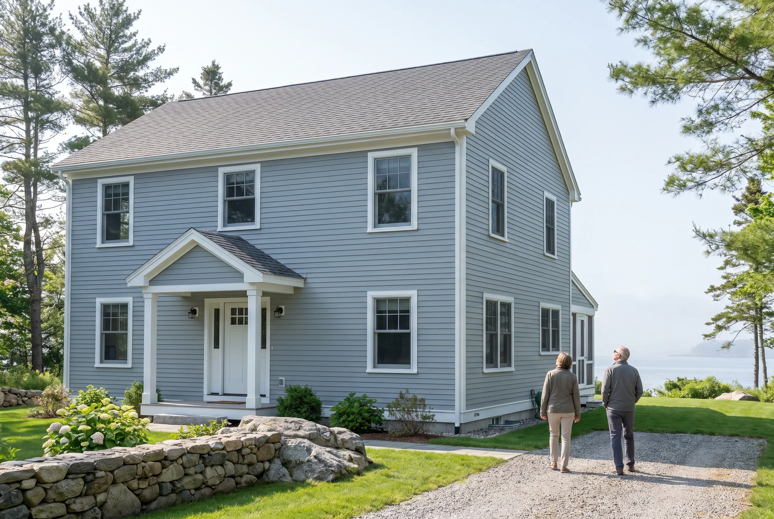 Re-sided Colonial in Portland, ME: Two-story house with light blue vinyl siding, white trim, and gray roof. Two people stand on gravel driveway. Stone wall, landscaping, and water view visible.