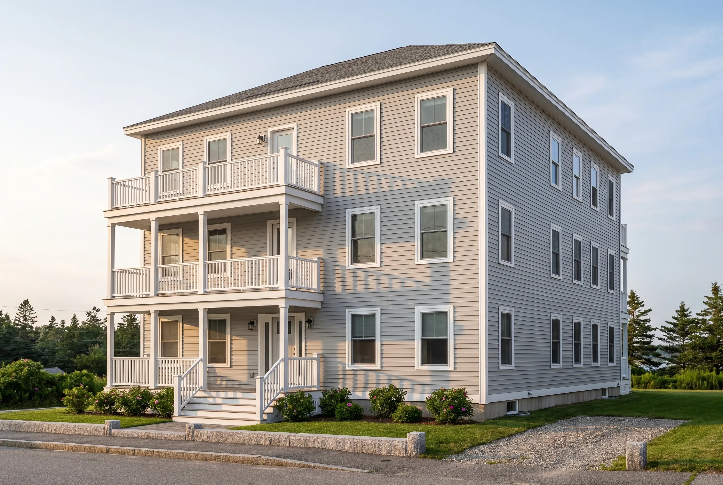 New construction colonial in Portland, ME: Three-story light gray vinyl-sided house with white trim and dark roof, featuring multi-level porches, surrounded by evergreen trees and landscaping.