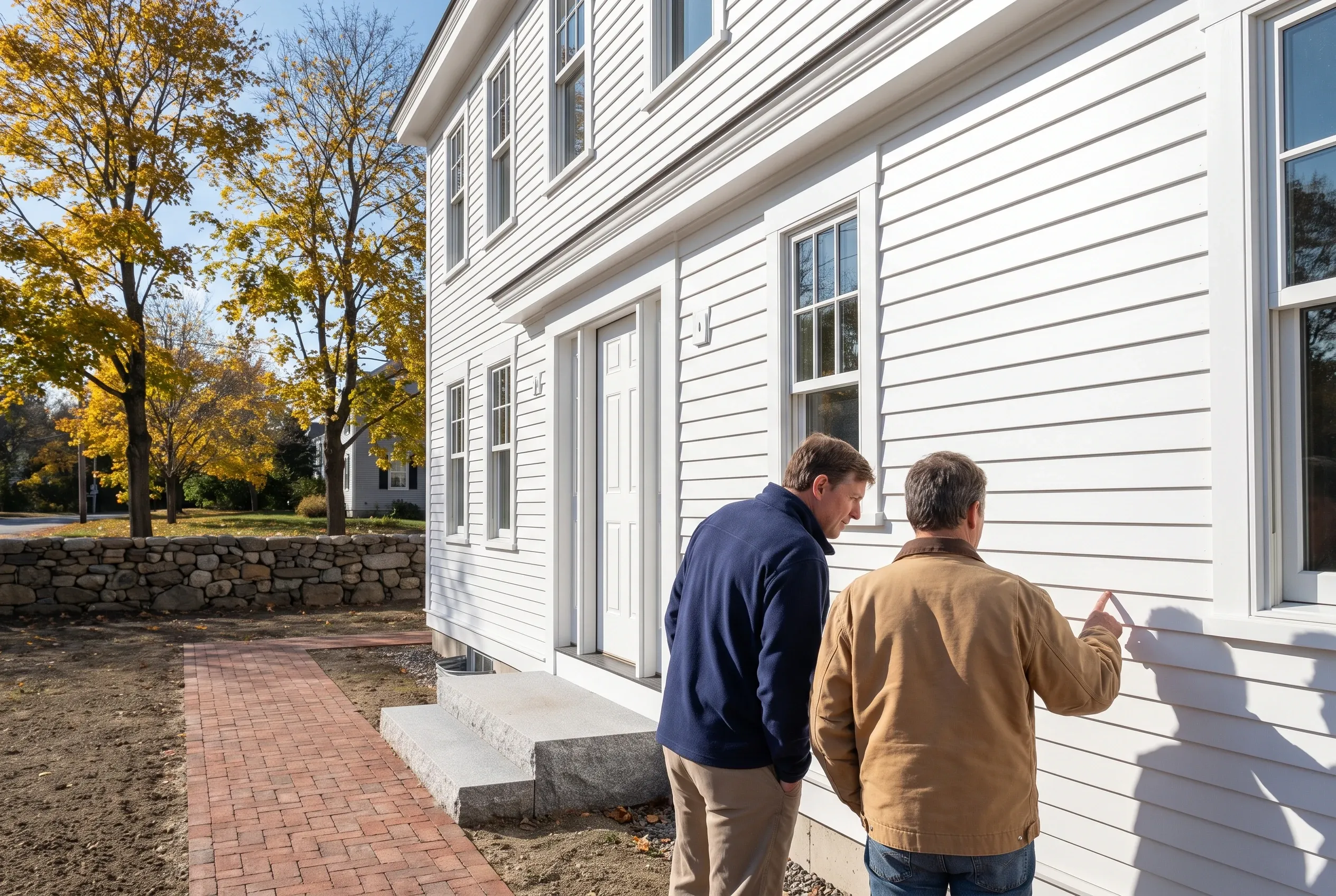 White siding home in Portland: Two men examining white horizontal siding and trim on a residential house with stone foundation and brick walkway in autumn setting.