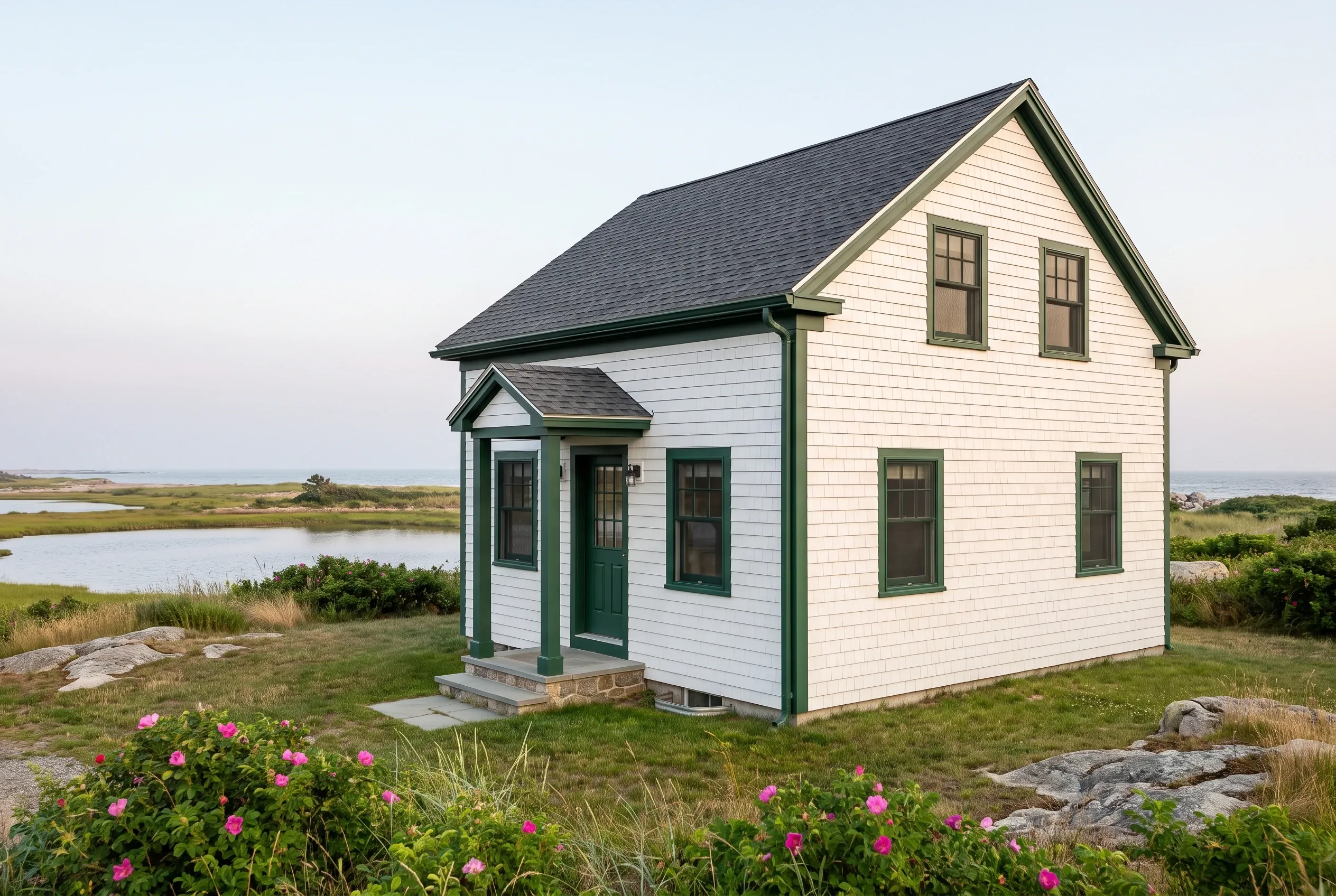 Re-sided cottage in Biddeford, ME: White shingled cottage with green trim and dark gray roof in coastal meadow setting with pink flowers and water view.