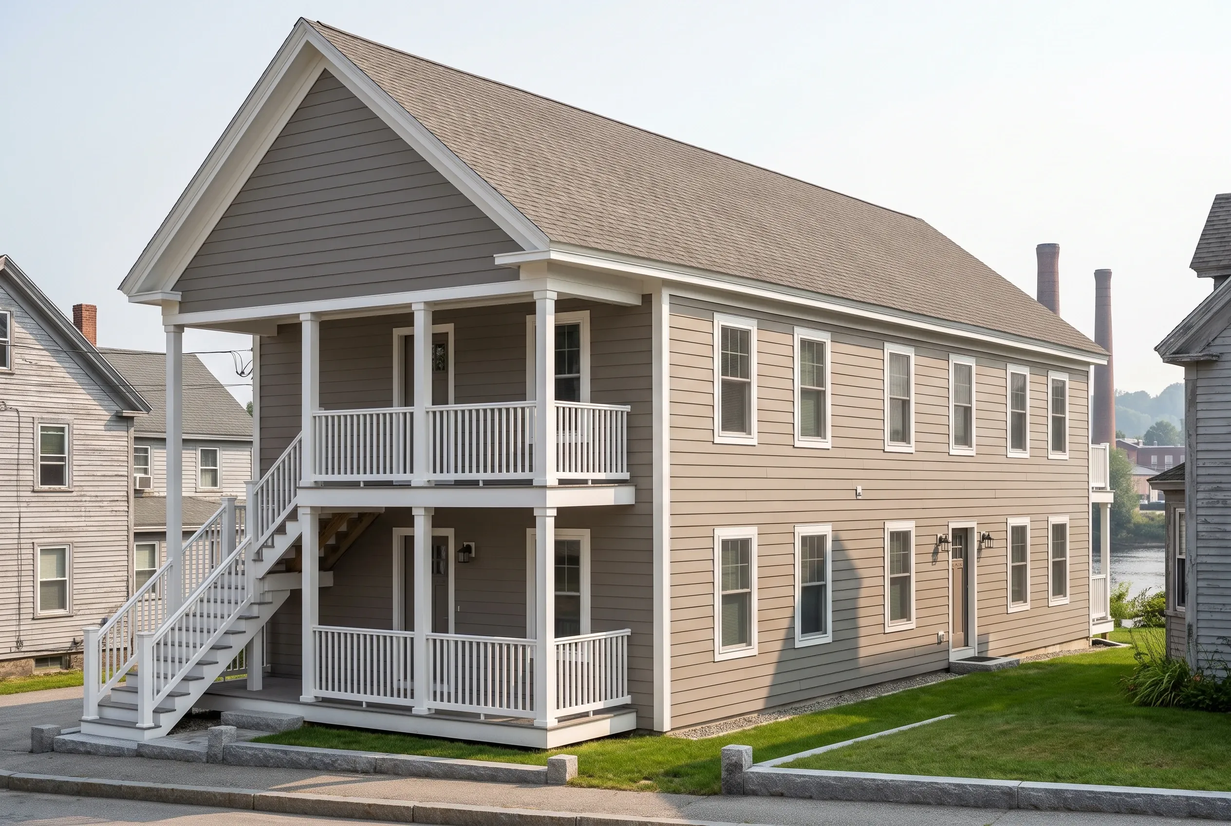 Siding contractors in Biddeford, ME: Two-story residential home with tan horizontal lap siding, white trim, and gray roof, featuring two covered porches with railings near waterfront.
