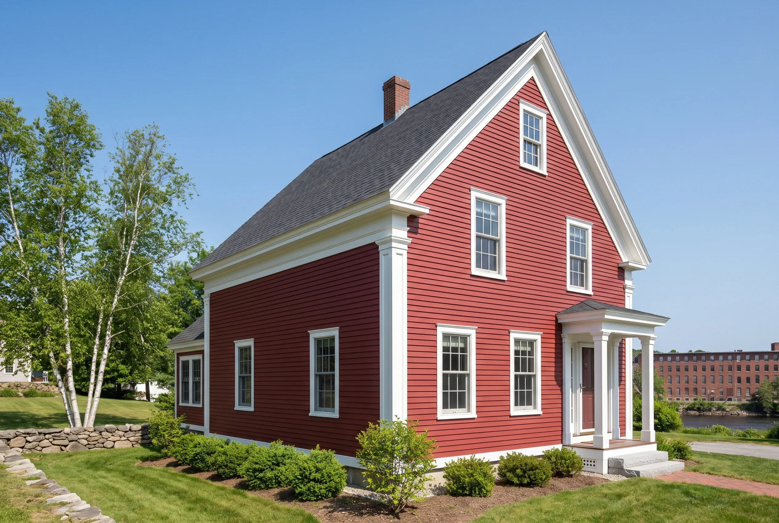 Red vinyl-sided house in Biddeford, ME: Two-story colonial with red horizontal siding, white trim, black roof, brick chimney, front portico, and landscaped yard with birch trees and stone walkway.