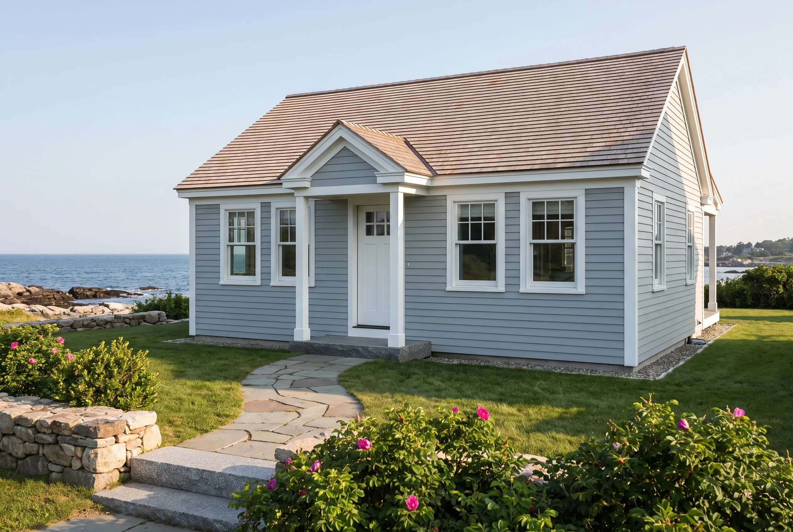Coastal cottage with blue and white siding in Biddeford, ME: A single-story house with light blue horizontal siding, white trim, and a multi-peaked roof with copper-colored shingles sits on a lawn overlooking the ocean.