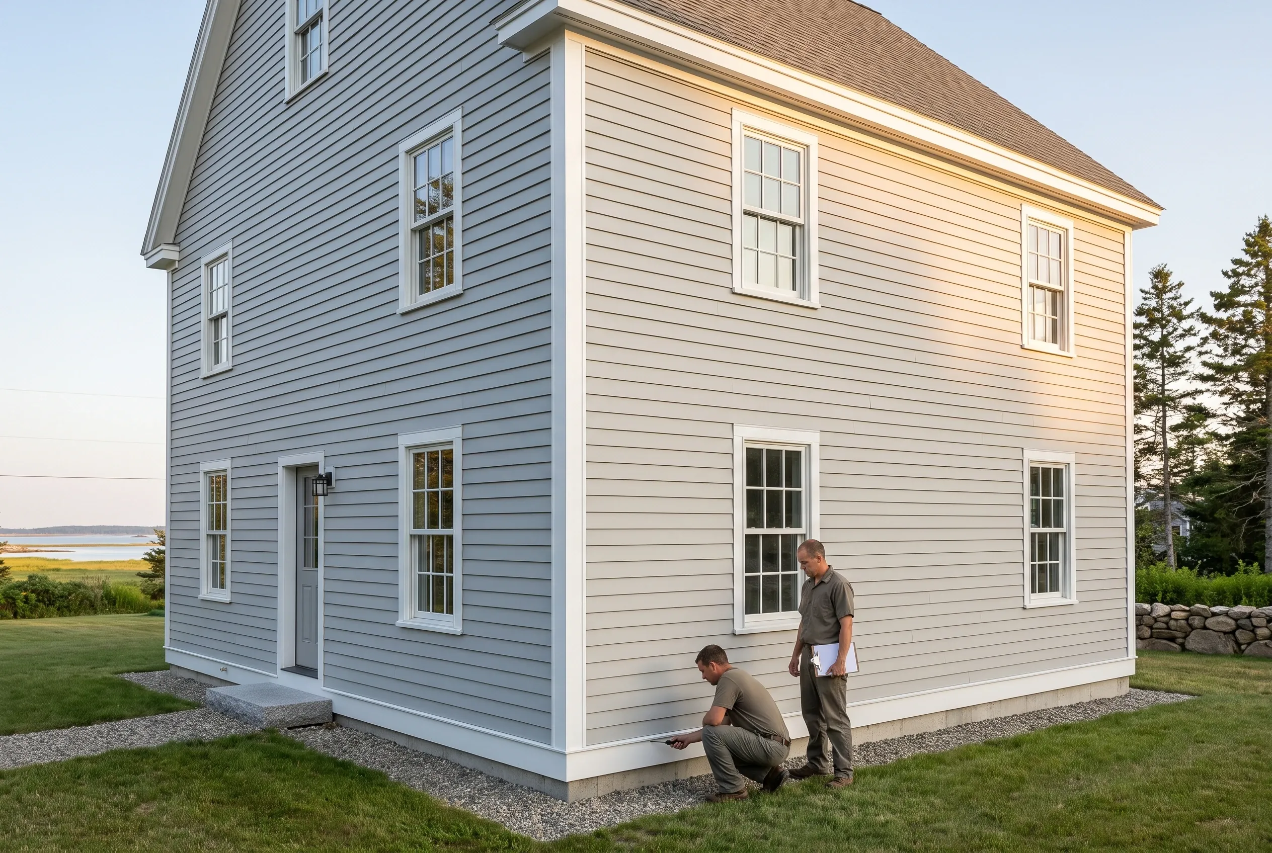 Siding replacement on farmhouse in Biddeford, Maine: Two workers examine light gray and cream horizontal vinyl siding on a two-story house with white trim and brown roof beside coastal landscape.