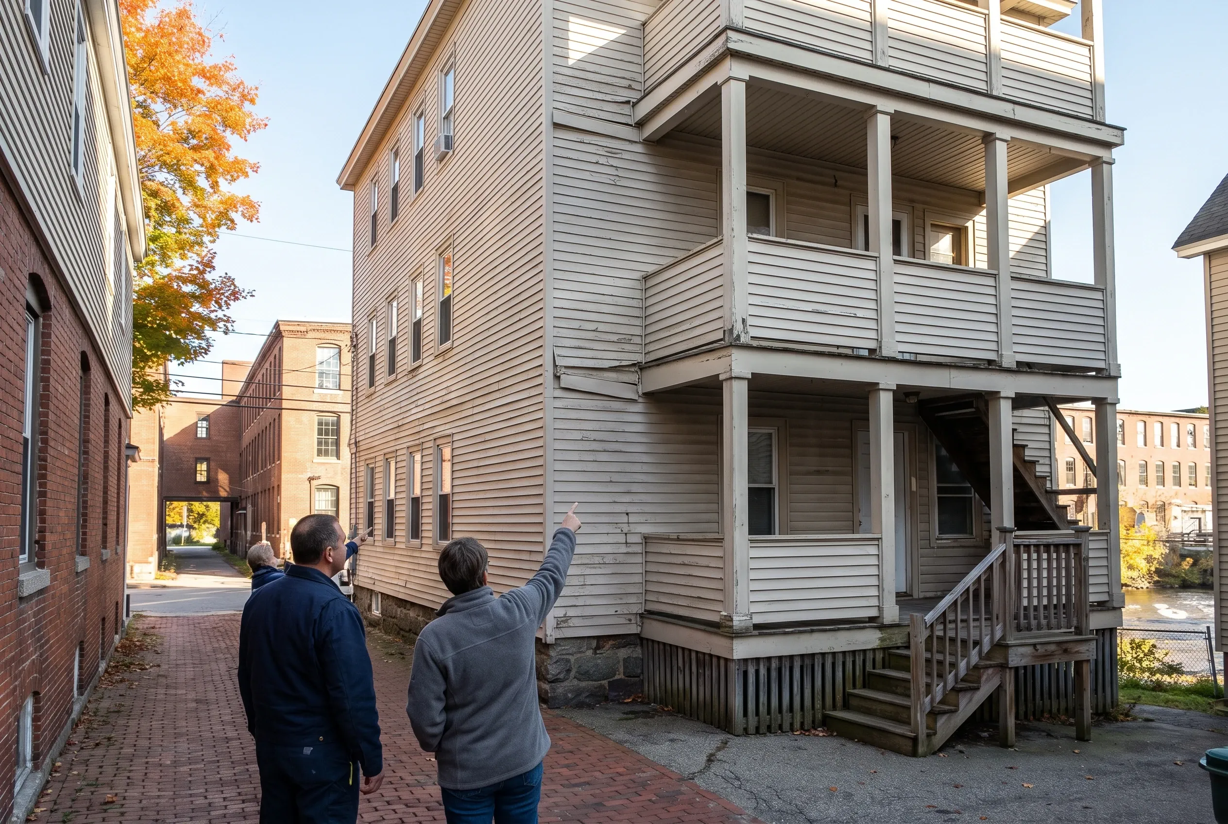 Re-sided multi-story residential building in Biddeford, ME: Gray horizontal vinyl siding on three-story house with white trim and railings. Two people stand in brick alleyway pointing at upper stories. Autumn foliage visible, brick buildings nearby.