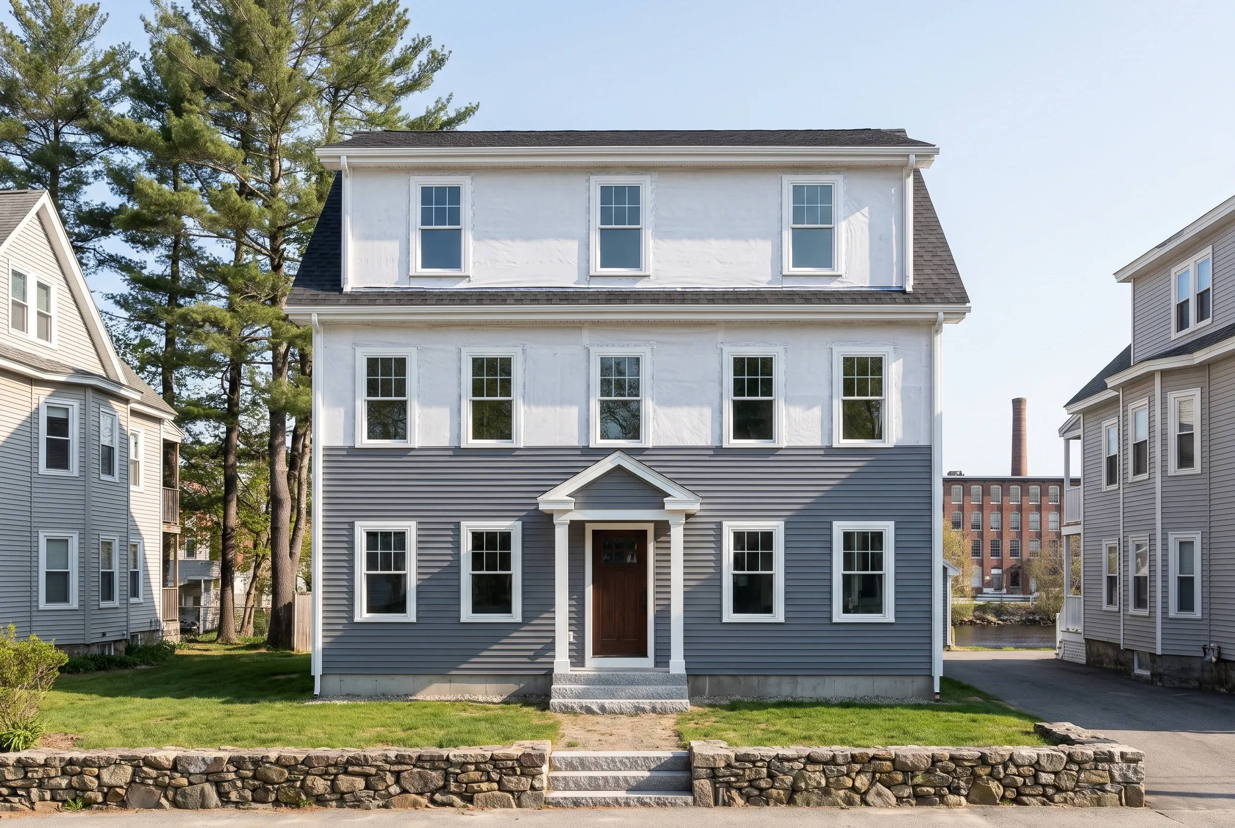 Re-sided colonial in Biddeford, ME: Three-story white and blue house with new siding, white trim, dark roof, stone foundation wall, front entrance with steps, multiple windows, neighboring houses visible, clear sky.