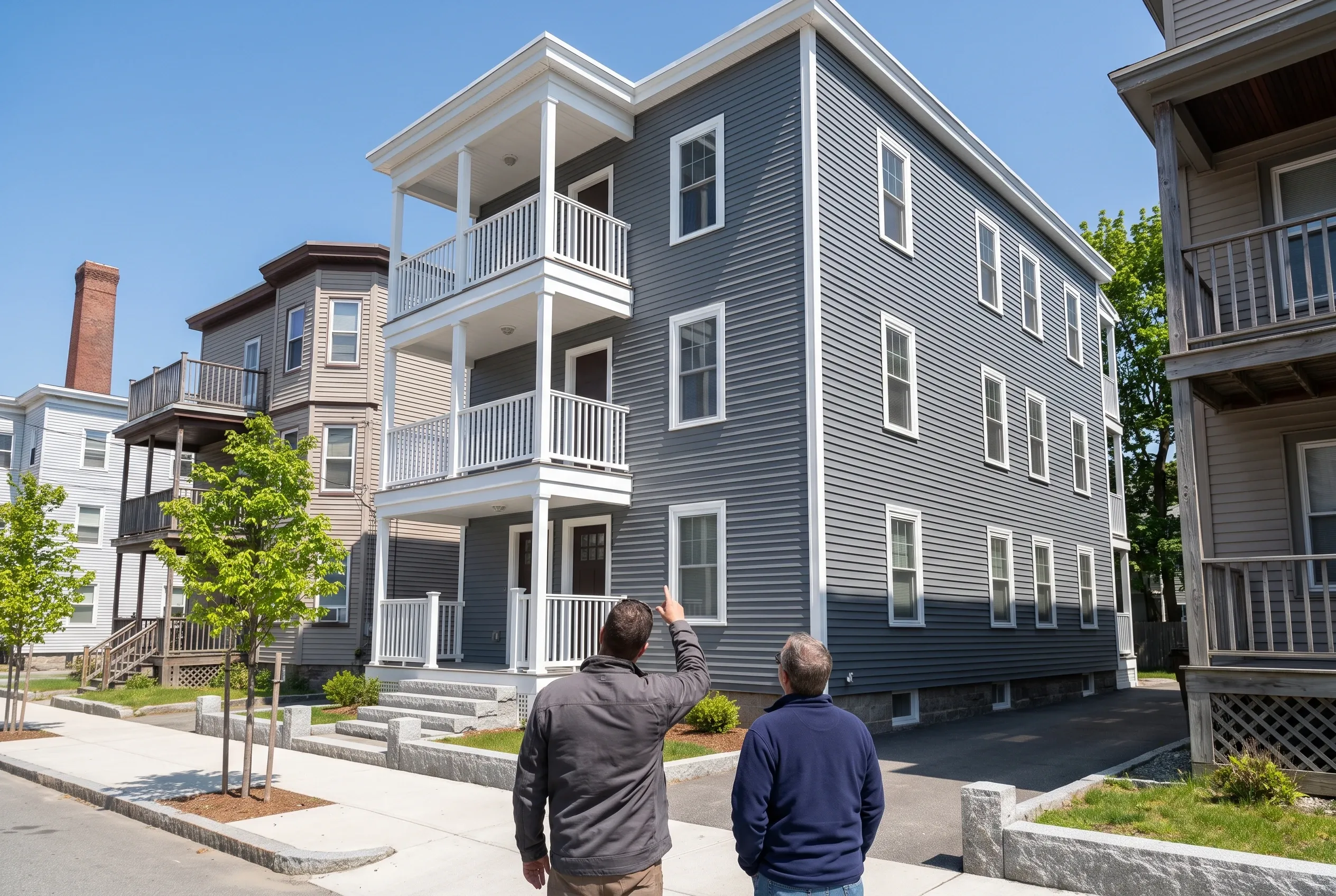 Re-sided colonial in Biddeford, ME: Two men view a three-story blue and white house with white trim and railings on a residential street lined with similar homes.