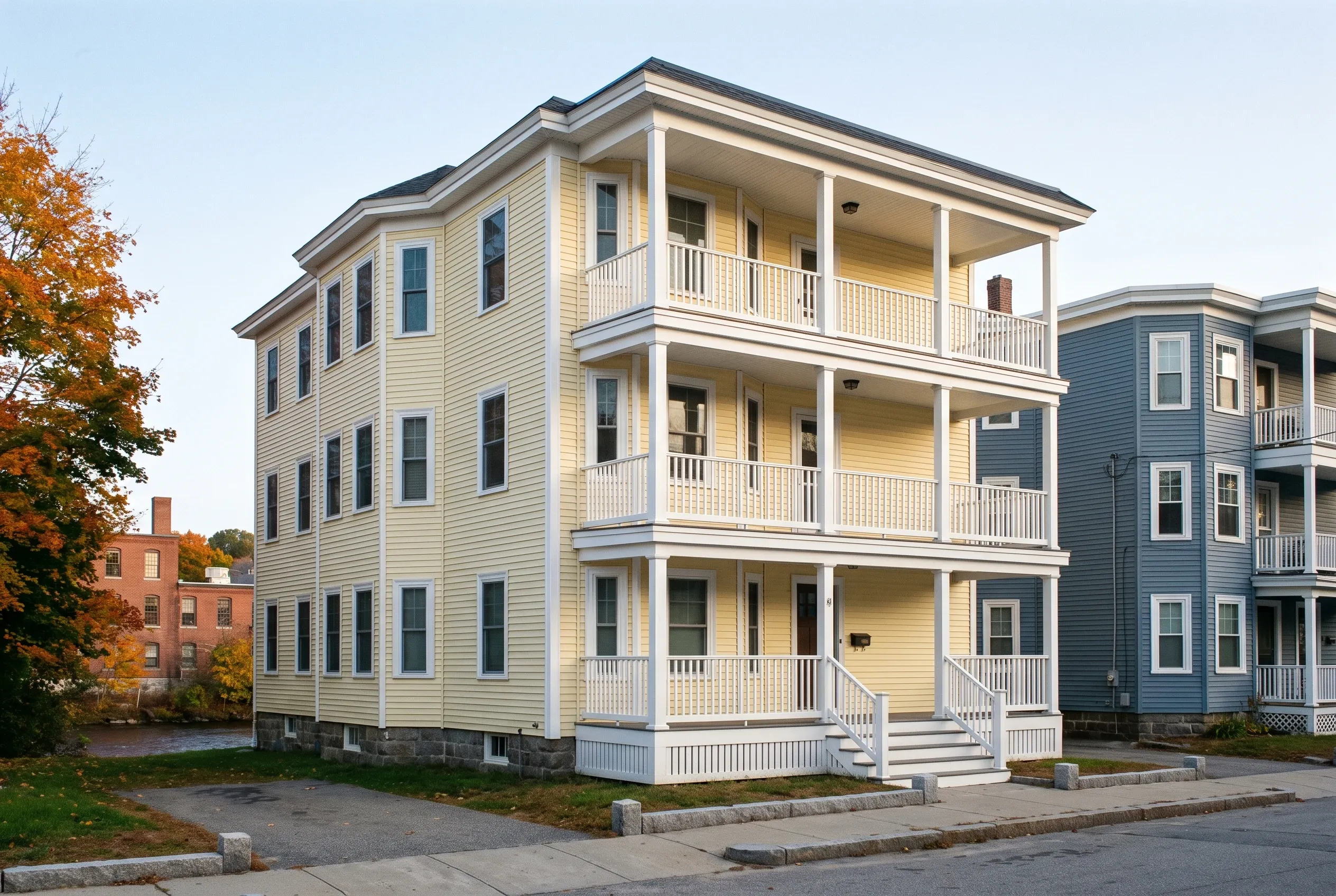Re-sided colonial in Biddeford, Maine: Three-story cream-colored house with white railings and trim, dark roof, stone foundation, surrounded by autumn foliage and neighboring brick and blue buildings.
