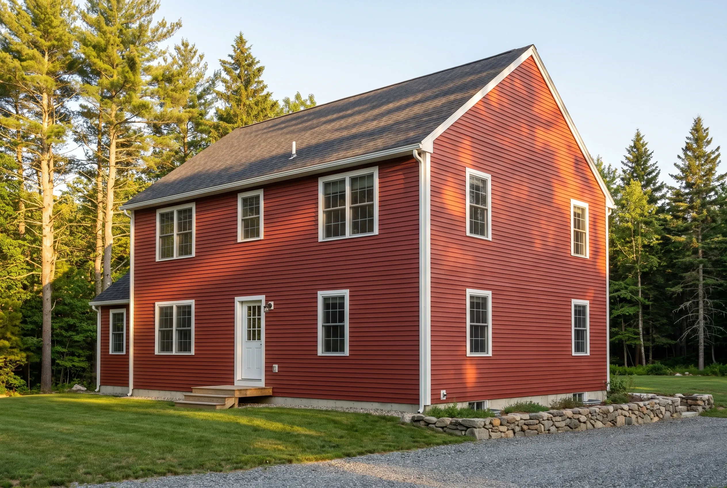 Red Colonial Home in Buxton, Maine: Two-story colonial house with red horizontal vinyl siding, white trim, and dark asphalt shingle roof surrounded by pine trees and green lawn.