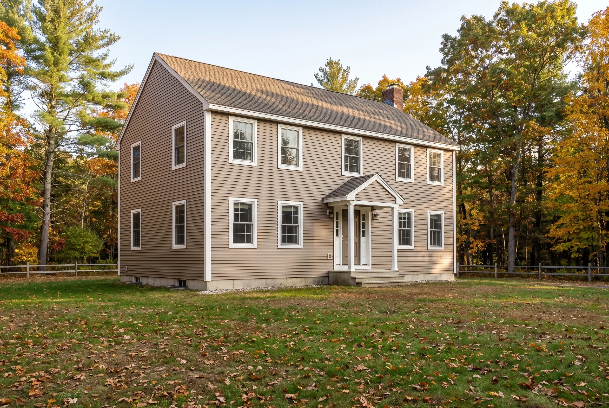 Re-sided colonial in Buxton, ME: Two-story house with tan vinyl siding, white trim, and dark roof surrounded by autumn trees and fall leaves on lawn.