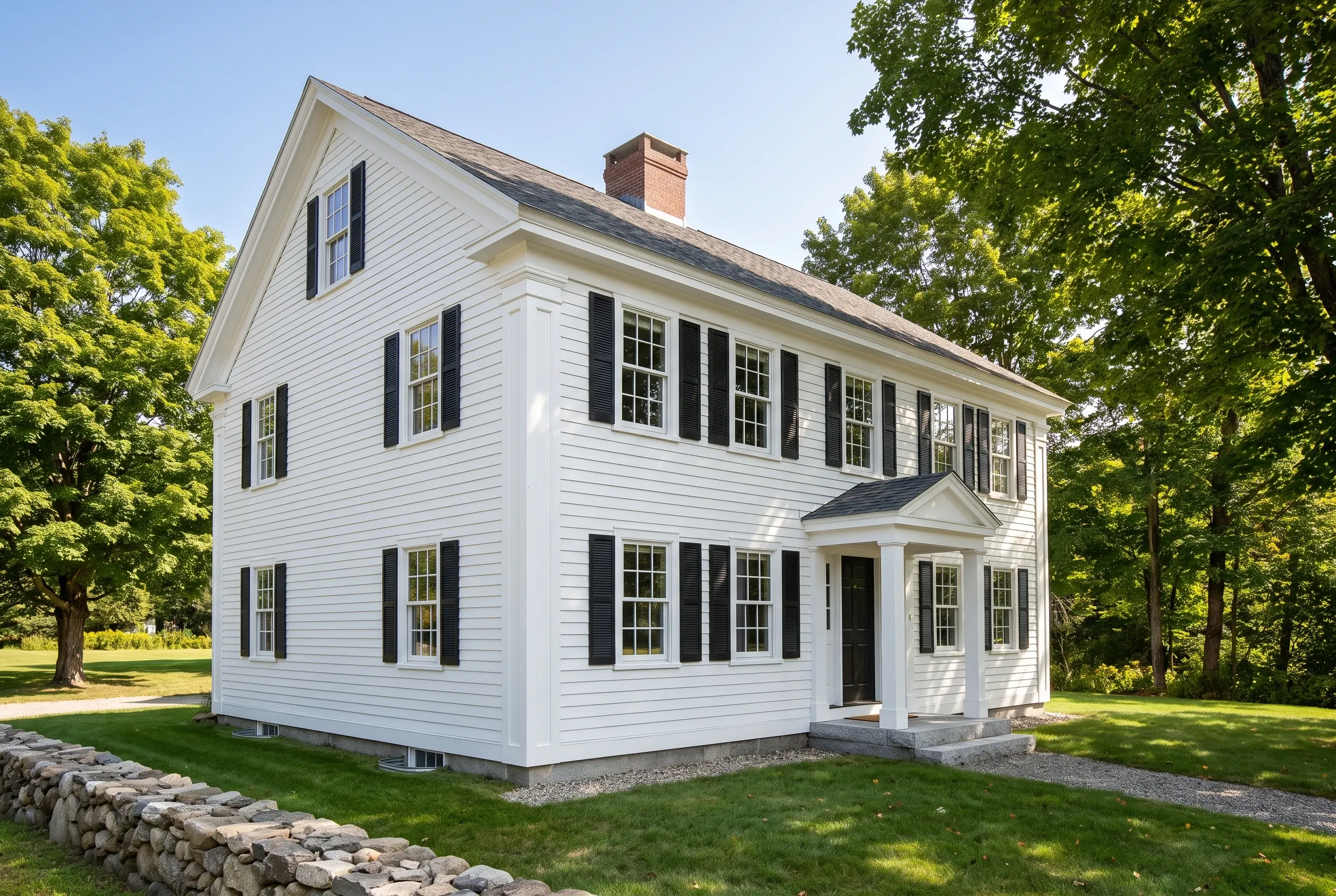 Siding contractors in Buxton, ME: White two-story house with black shutters, brick chimney, gabled roof, surrounded by trees and stone fence.