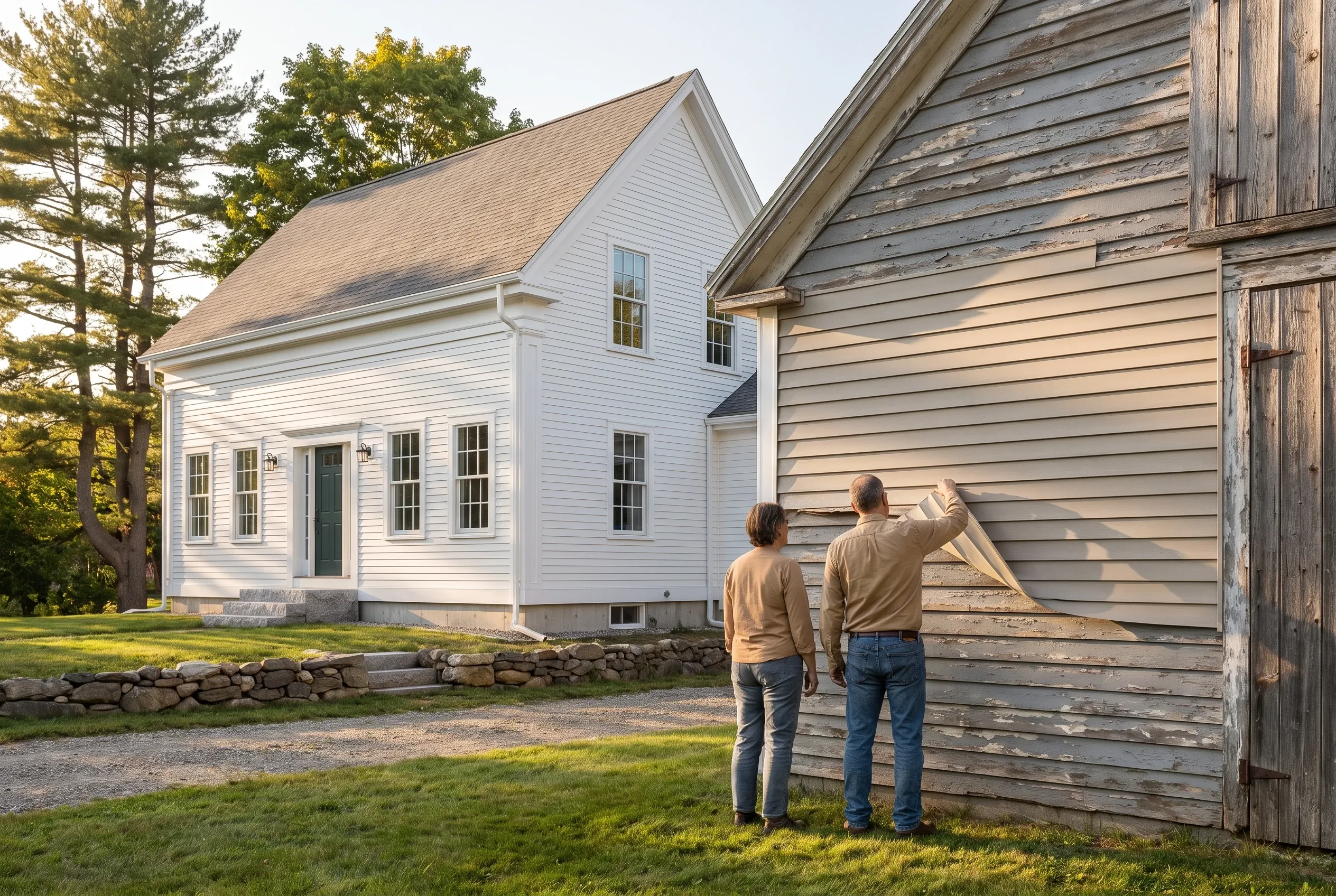 Re-sided farmhouse in Buxton, ME: Two men examine weathered wooden siding on a barn next to a white-sided house with gabled roof and stone foundation.