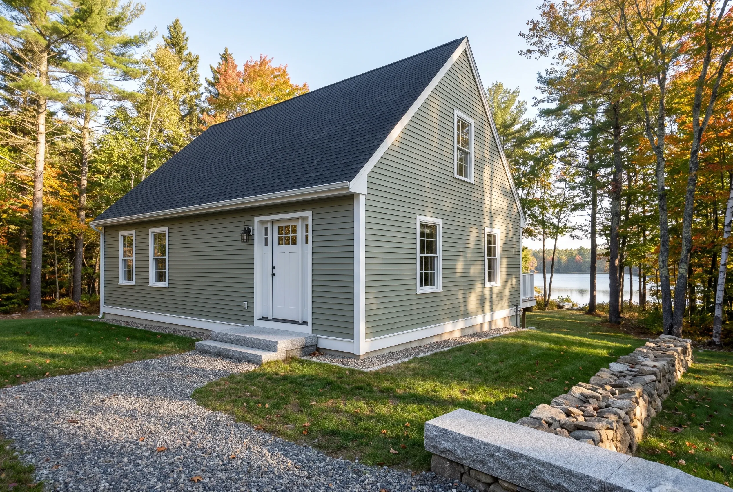 Re-sided cottage in Buxton, ME: A small gray vinyl-sided house with white trim and a dark roof sits on a gravel driveway surrounded by autumn trees and a stone wall, with a lake visible in the background.