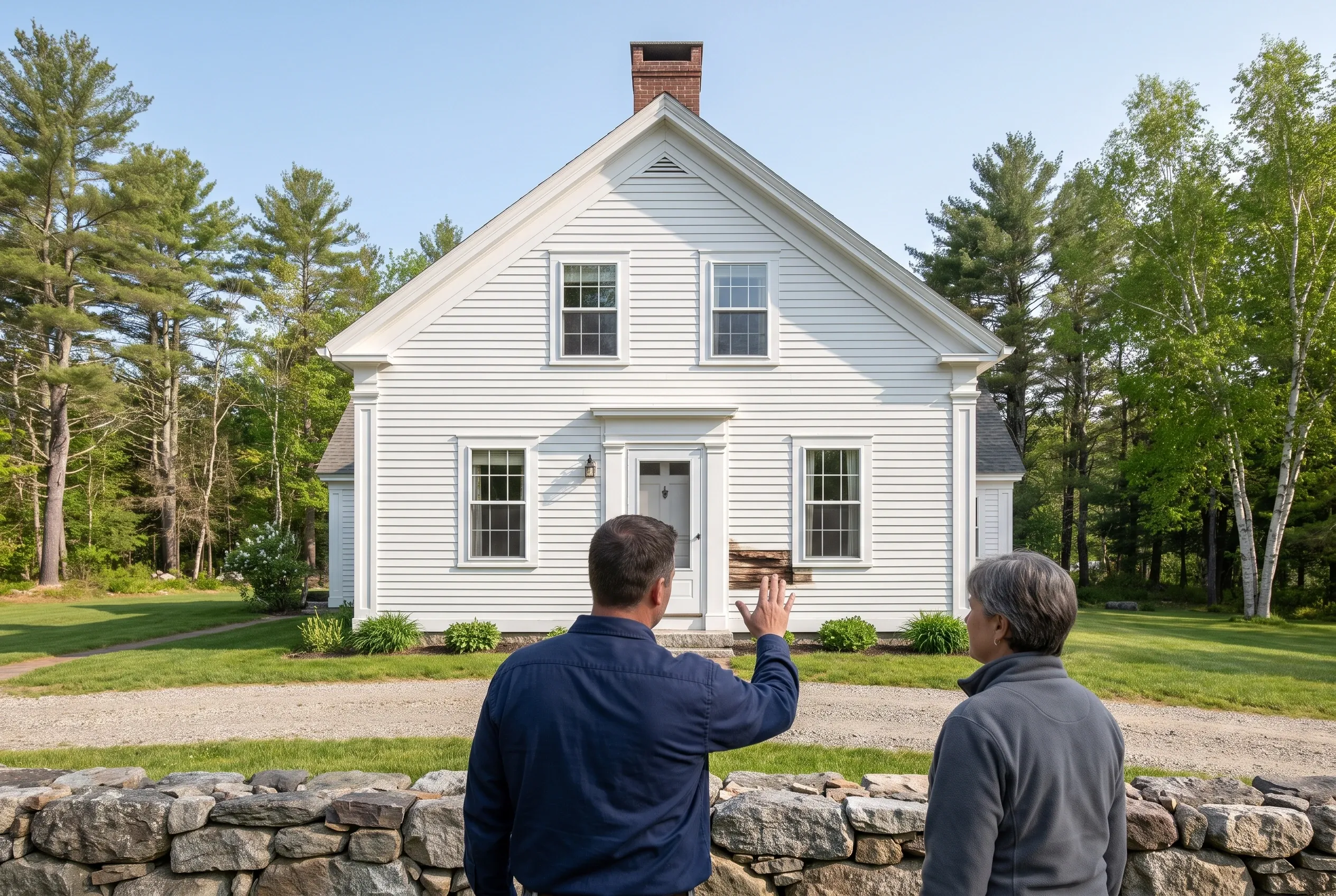 White Colonial Home in Buxton, ME: Two people view a two-story white vinyl-sided house with black shutters, brick chimney, and gray roof surrounded by evergreen trees and stone wall.