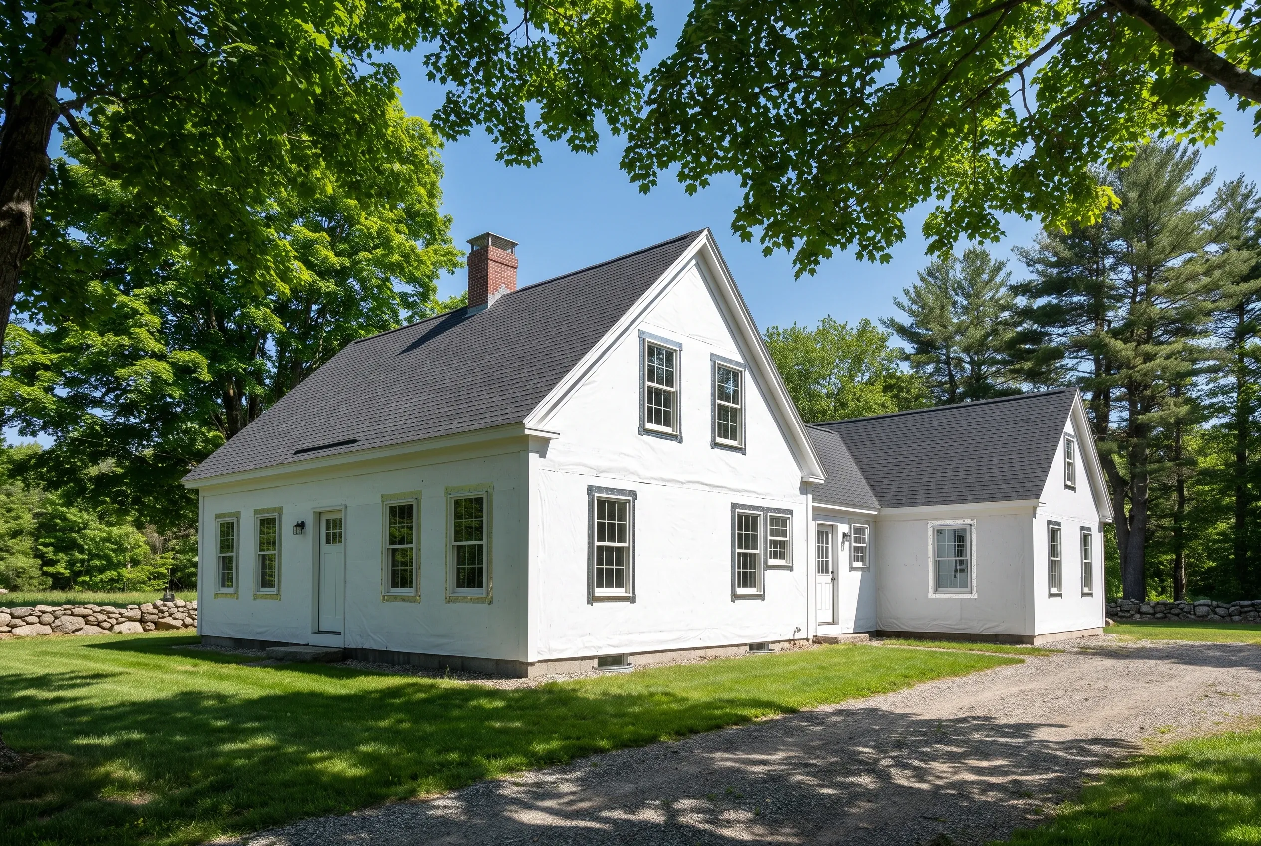 Re-sided farmhouse in Buxton, ME: White-painted farmhouse with dark gray roof, white trim, and multiple windows surrounded by green lawn and mature trees.
