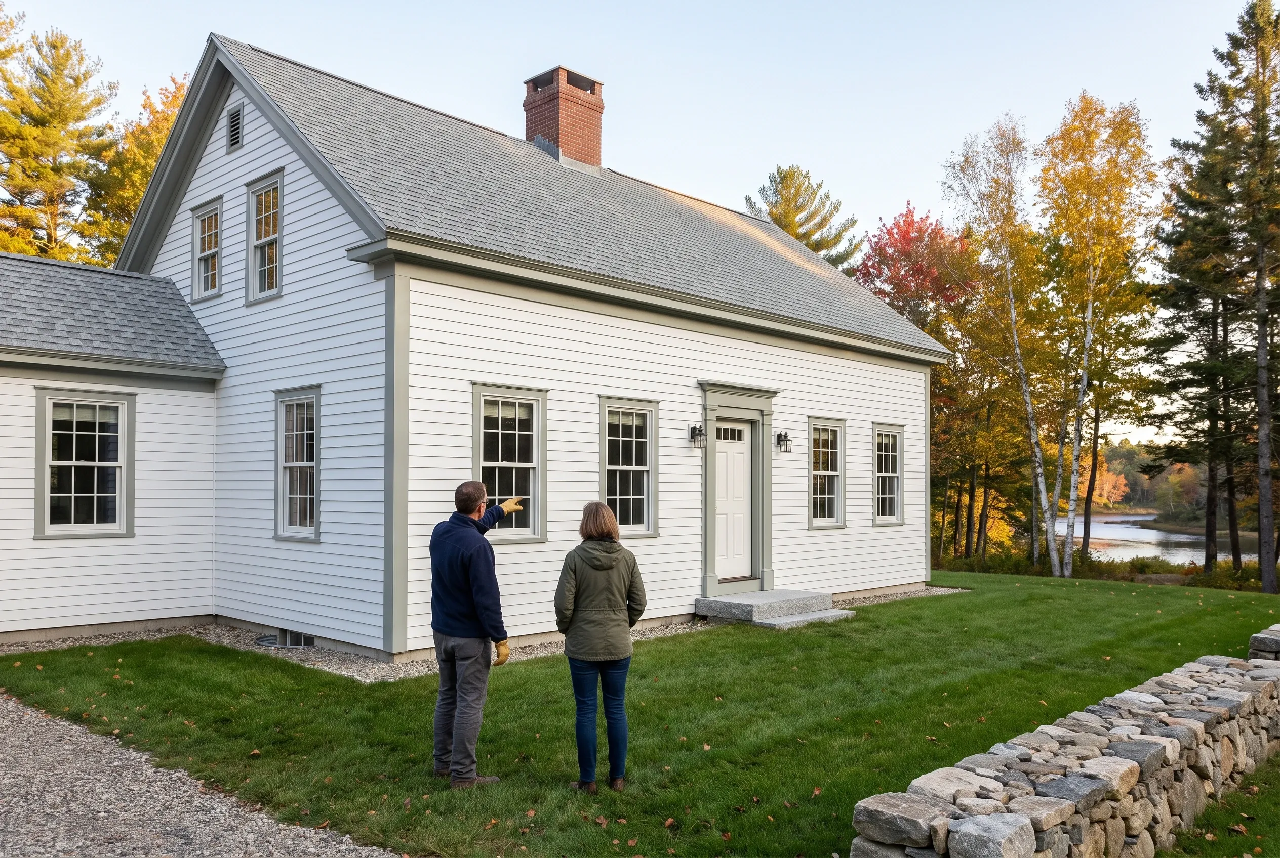 Re-sided farmhouse in Buxton, ME: Two people stand on lawn viewing a white-sided house with gray roof, brick chimney, and multiple windows beside a stone wall and river.