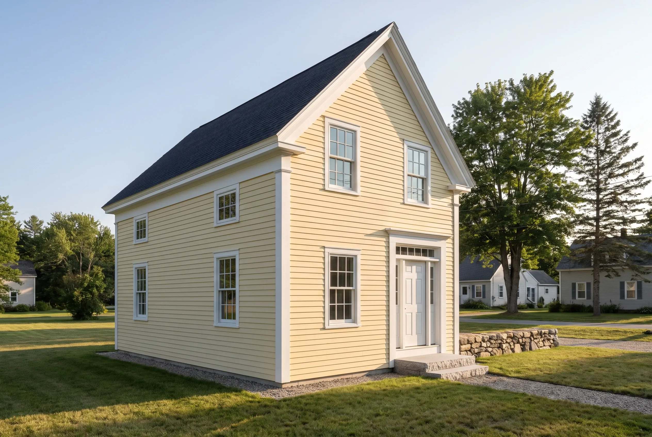 Cream Colonial Home in Buxton Maine: Yellow cream-colored vinyl siding house with white trim and dark roof in residential neighborhood with mature trees and grass lawn.