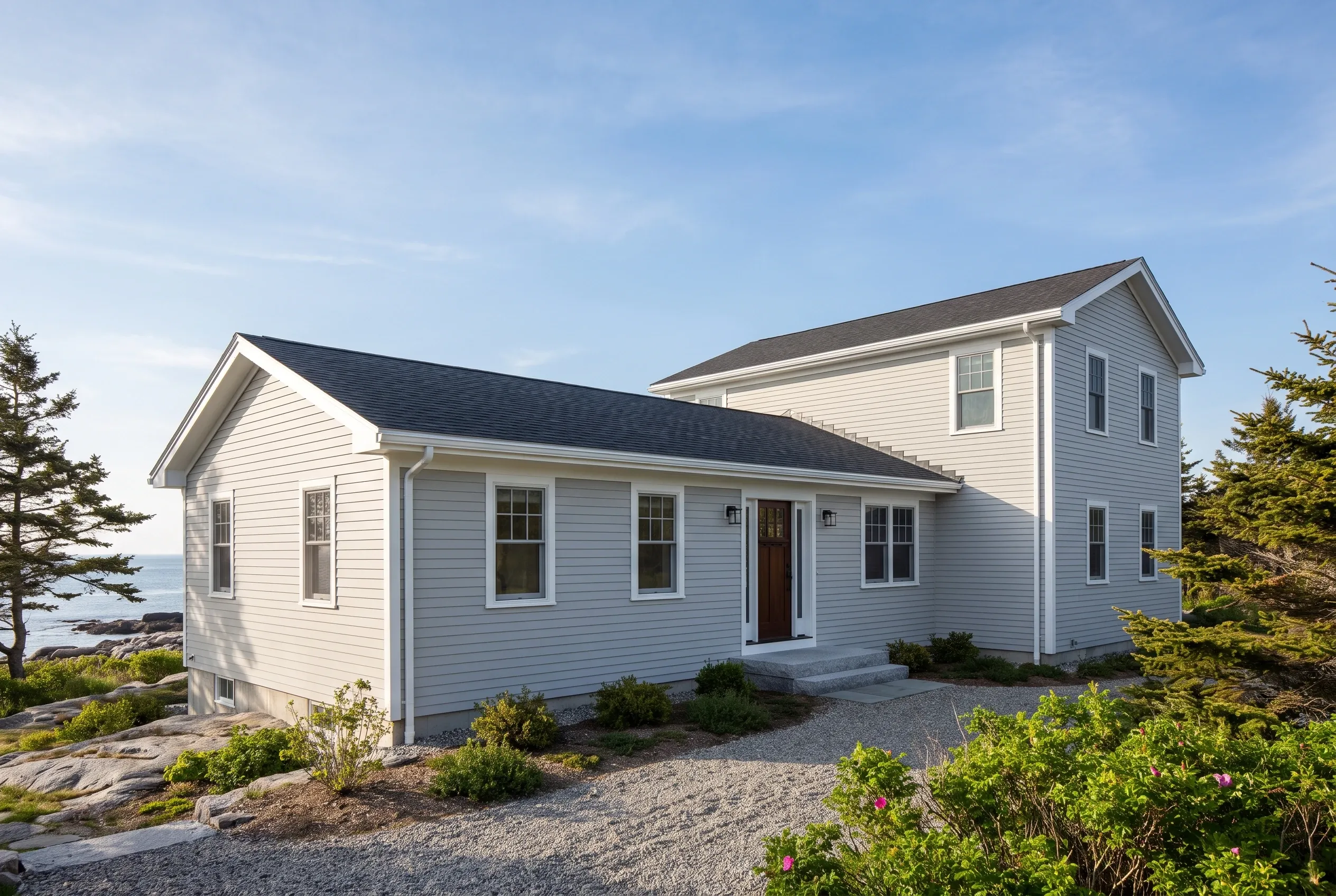 White vinyl-sided home in Cape Elizabeth, ME: Two-story house with white siding, dark roof, white trim, and brown door surrounded by evergreens and rocky coastal landscape.