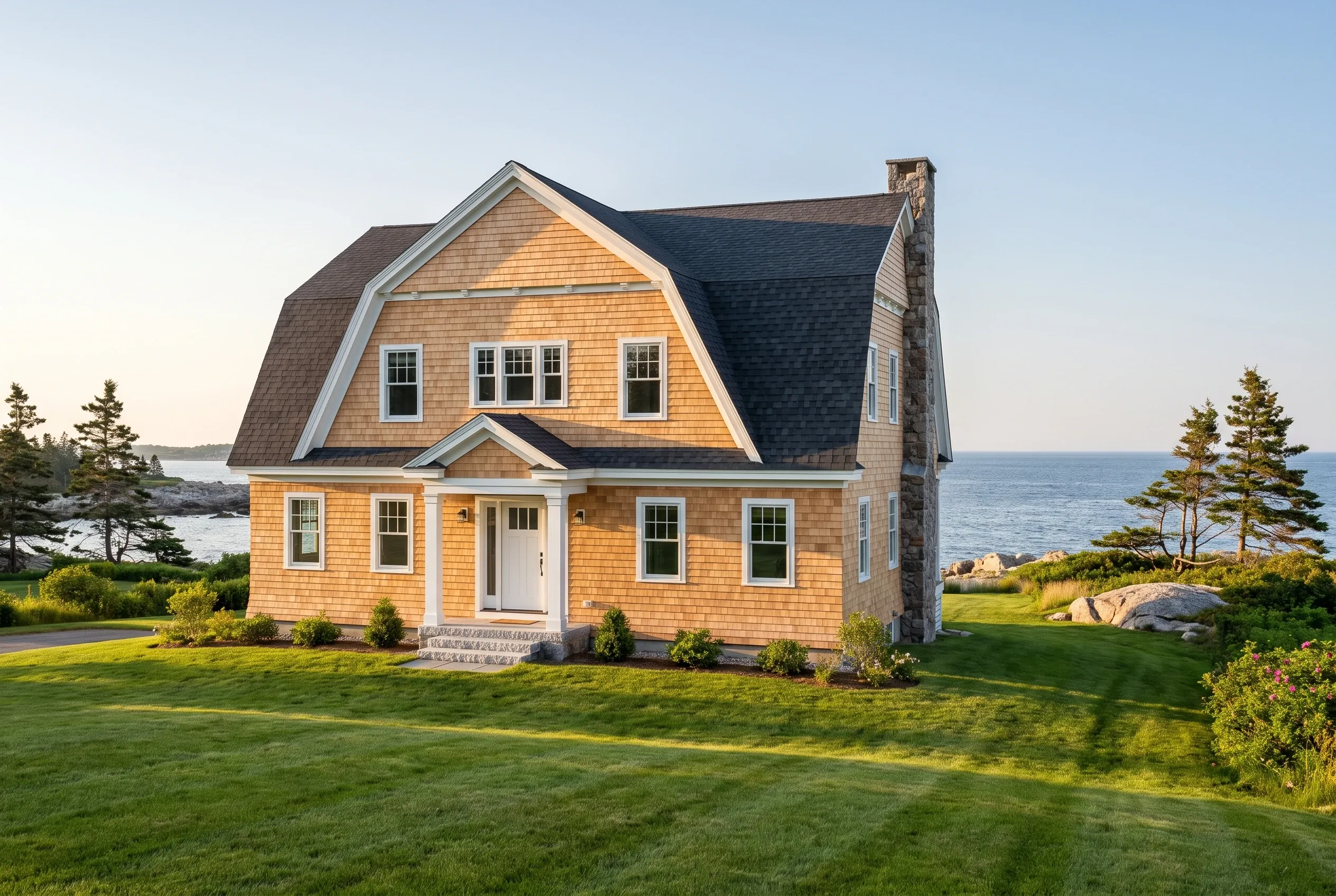 Cedar shake cottage in Cape Elizabeth, ME: Two-story house with golden cedar shake siding, white trim, dark shingle roof, situated on green lawn with ocean view and evergreen trees nearby.