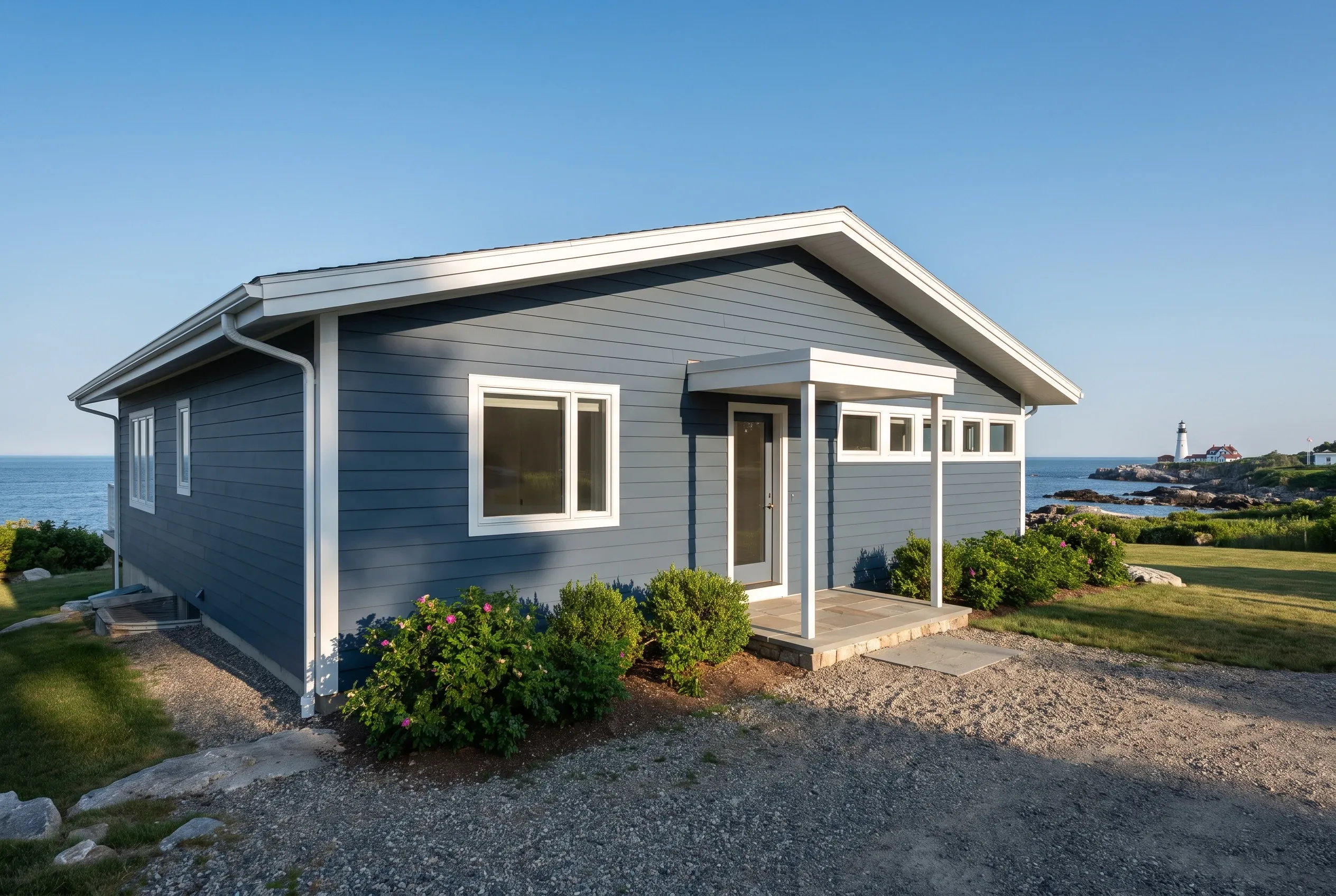 Re-sided cottage in Cape Elizabeth, ME: Blue-gray vinyl-sided single-story home with white trim and peaked roof, front porch, ocean and lighthouse visible in background.