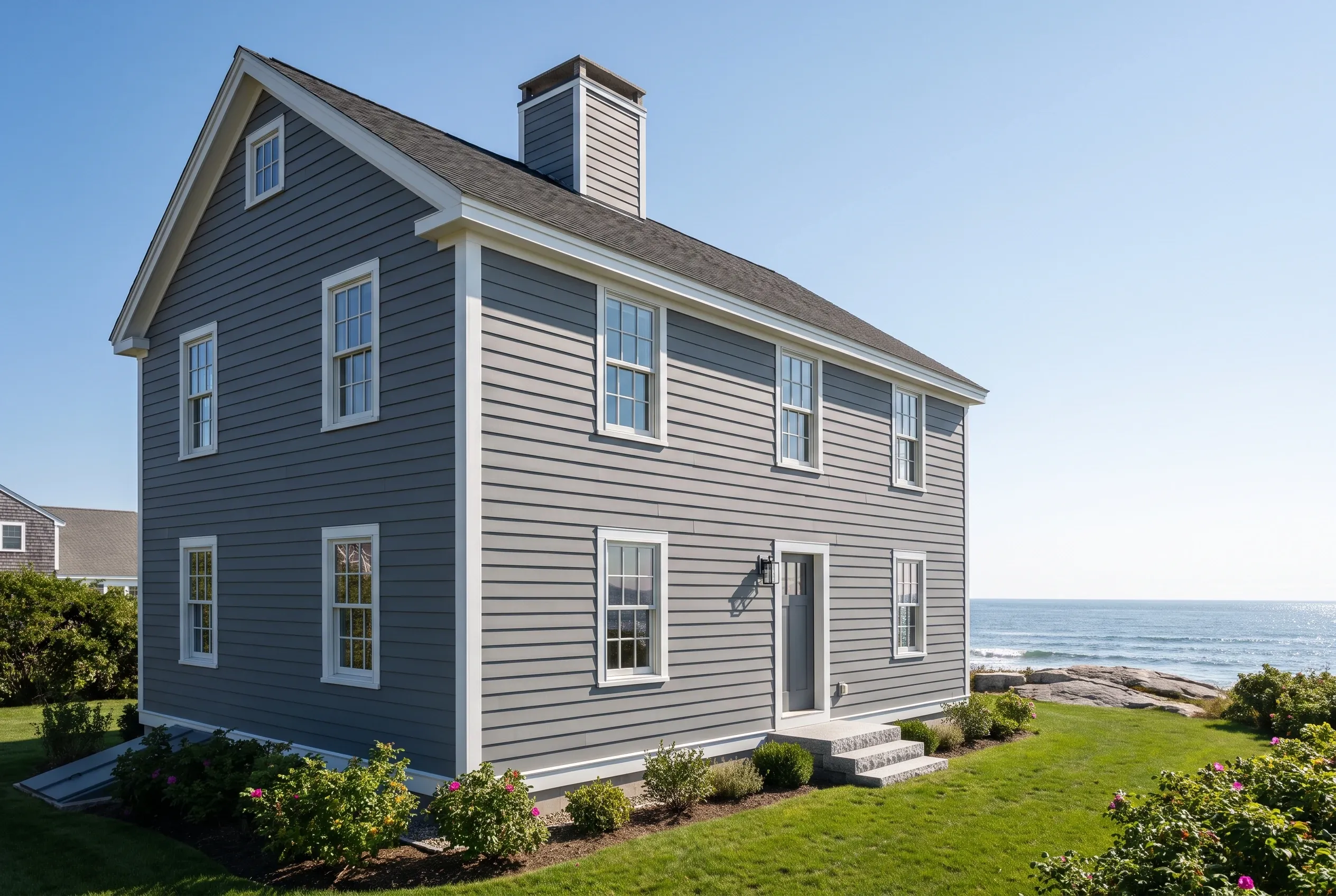 Gray Cape Elizabeth home with new siding: Two-story house with gray horizontal siding, white trim, and dark roof with cupola. Located on grassy lawn overlooking ocean.