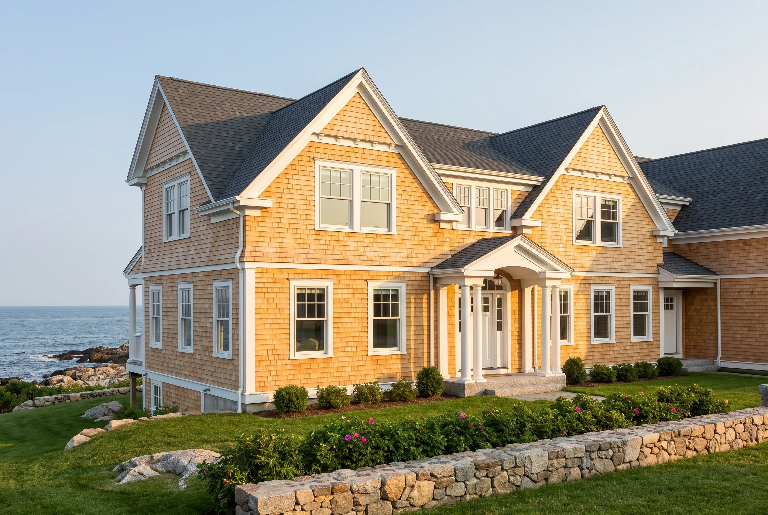 Siding contractors in Cape Elizabeth, ME: Large two-story residential house with golden cedar shingle siding, white trim, and dark gray roof shingles overlooking rocky Maine coastline.