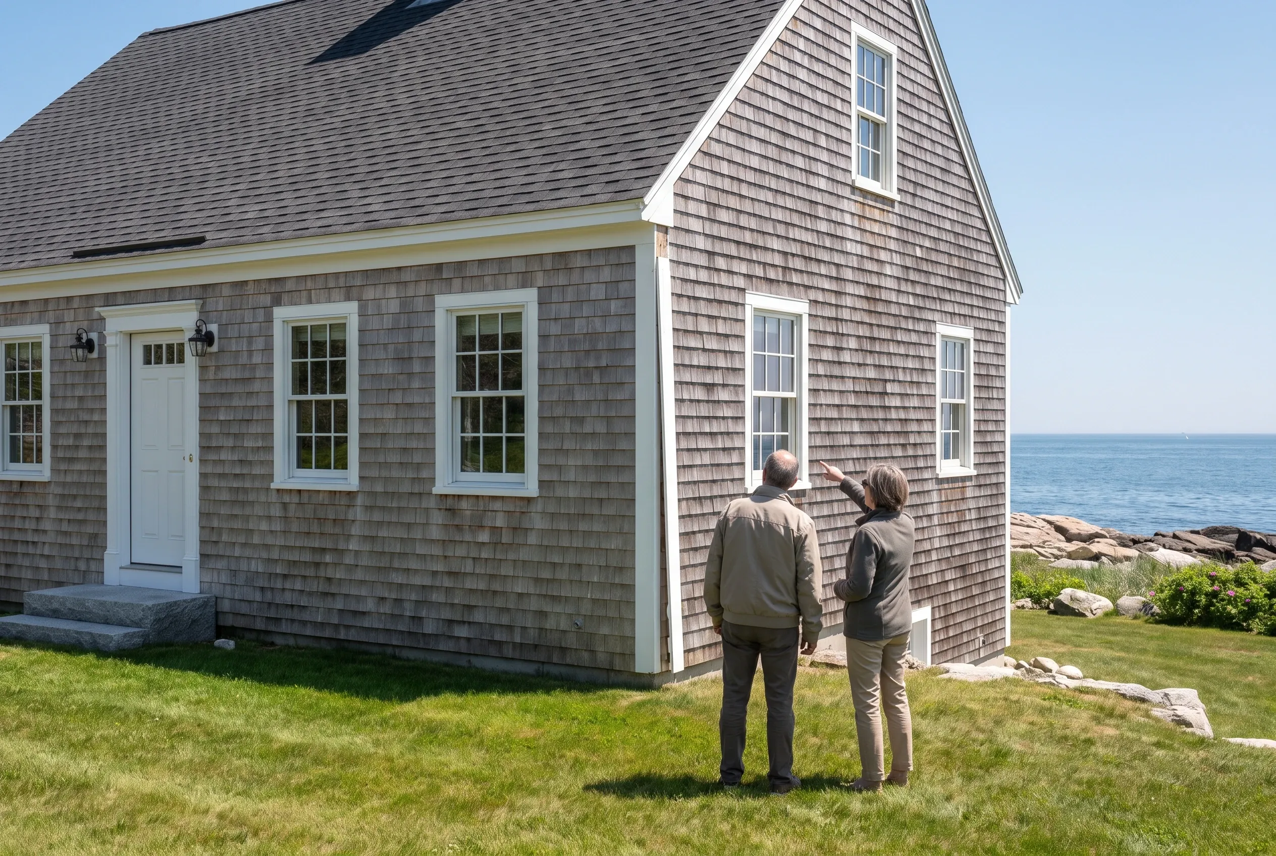 Cape Elizabeth coastal home with cedar shingle siding: Two people stand on lawn viewing gray-shingled house with white trim, dark roof, and ocean view beyond.