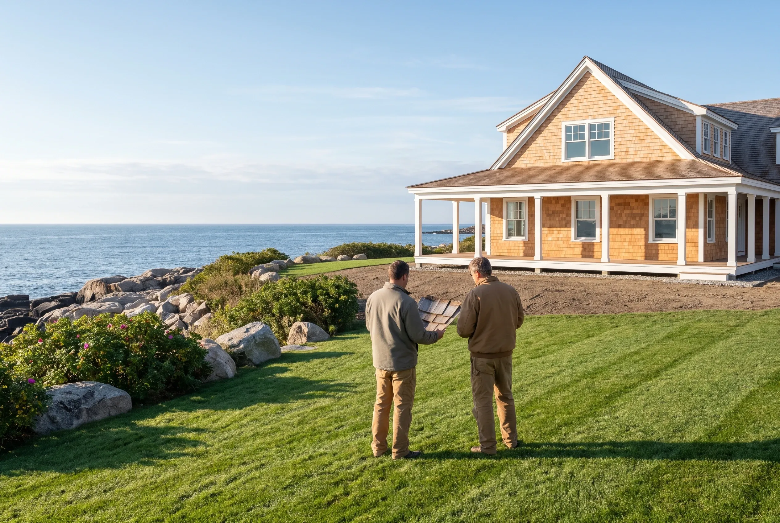 Waterfront Cape Cod in Cape Elizabeth, ME: Two men viewing blueprints on lawn beside cedar-shingled house with white trim and dark roof overlooking rocky coastline.