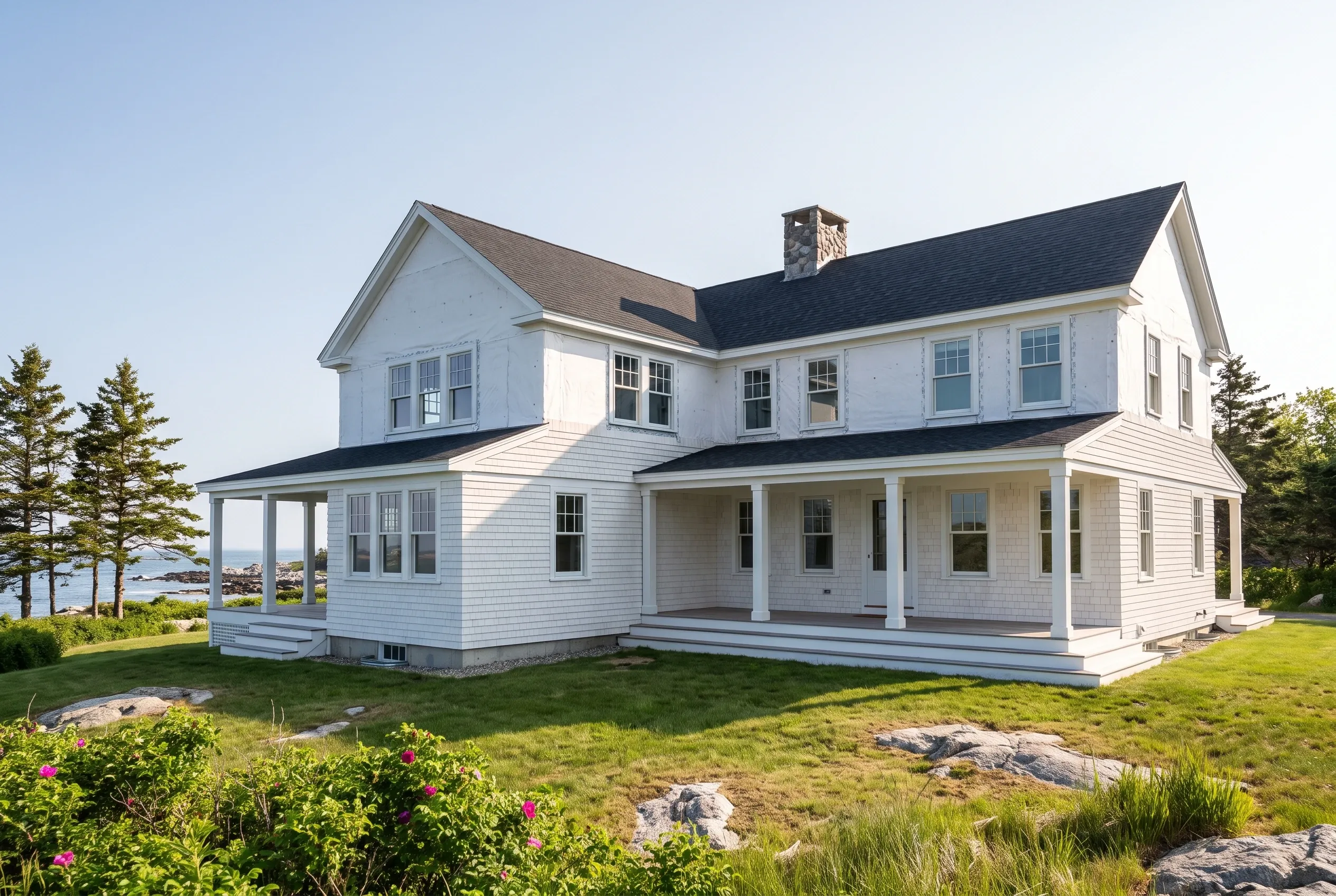 White Cape Elizabeth farmhouse: Two-story white-sided house with dark roof and white trim overlooking water, surrounded by lawn and evergreens.