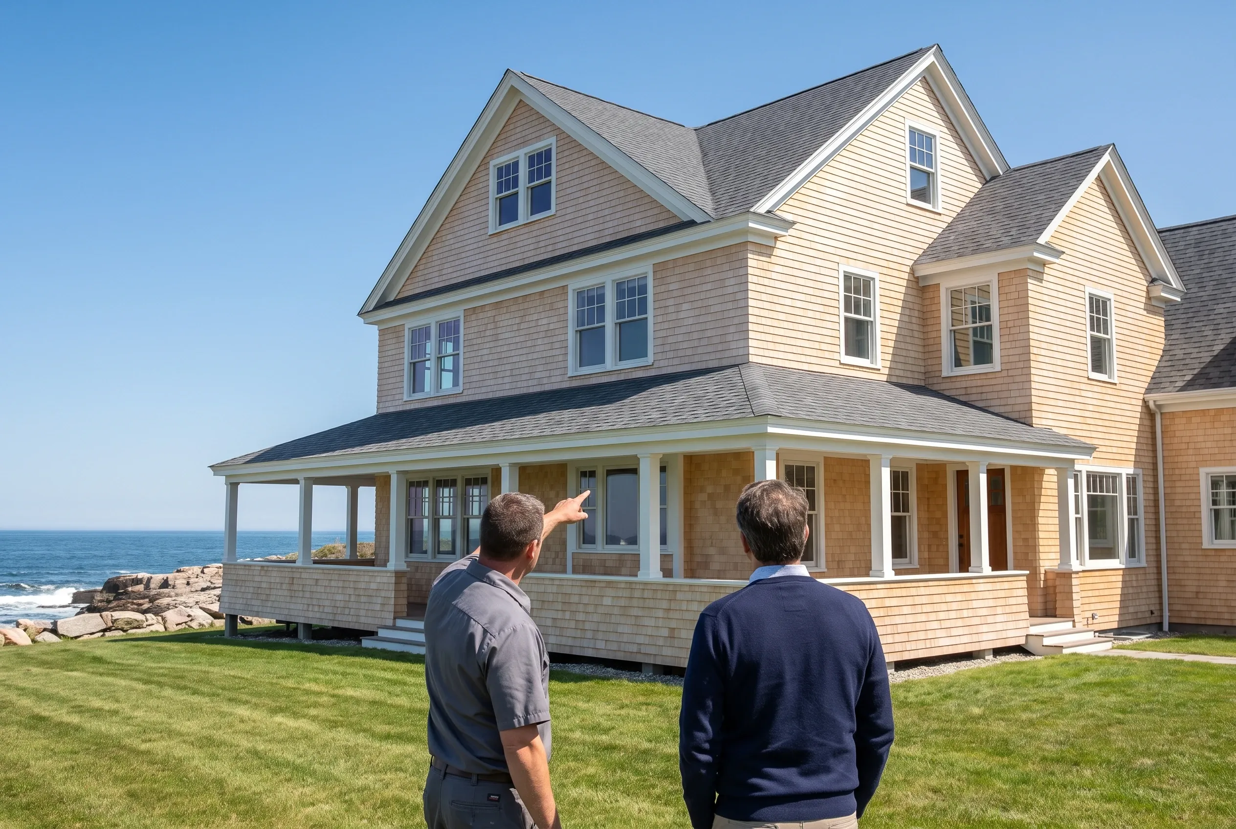 Cape Elizabeth coastal home with new siding: Two men stand on lawn viewing a two-story house with tan vinyl siding, white trim, gray roof, and wraparound porch overlooking rocky Maine coastline.