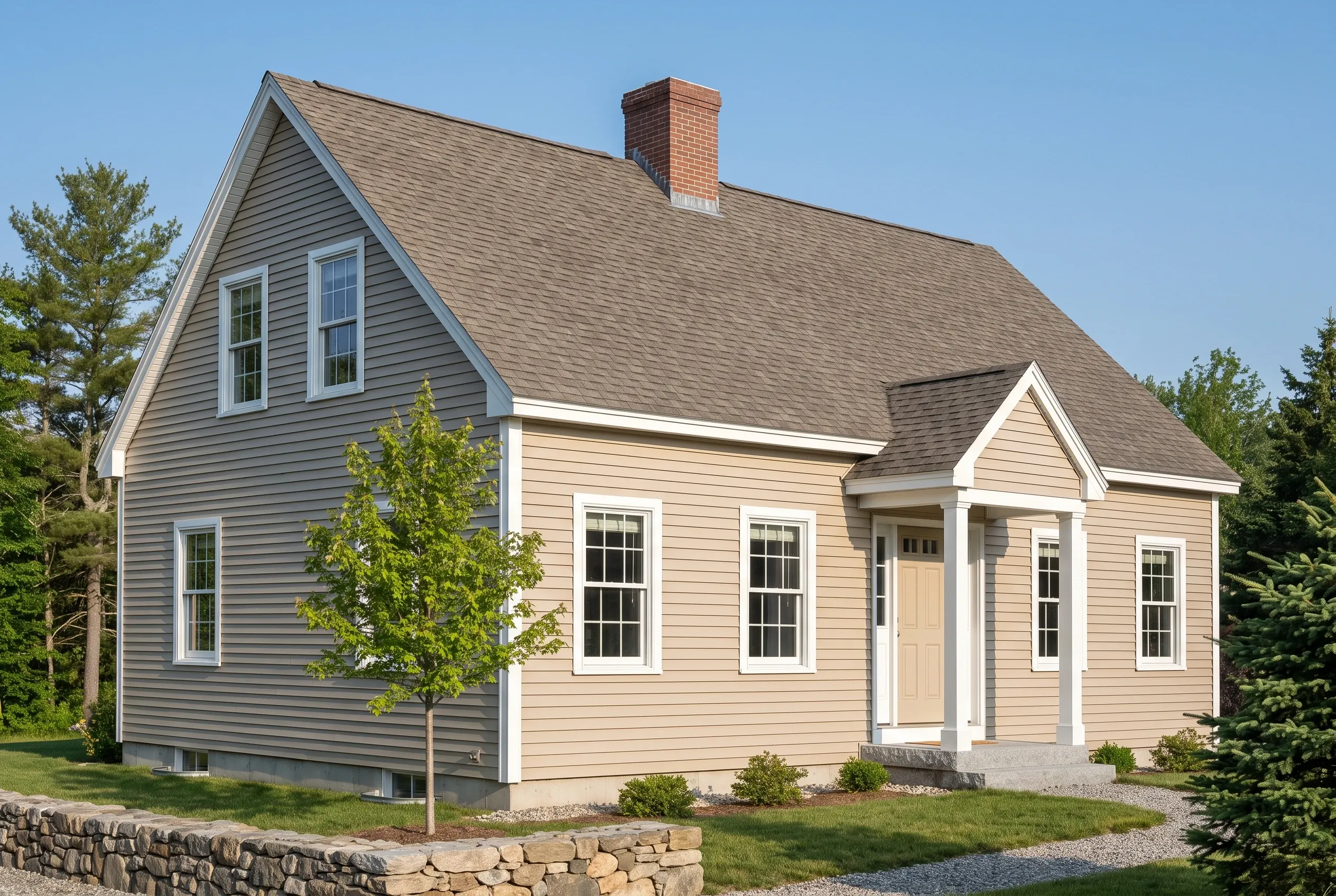 Re-sided cape in Cumberland, ME: A single-story house with tan horizontal siding, white trim, and a large gabled roof with asphalt shingles. A brick chimney rises from the roof. The home sits on a gravel driveway bordered by a stone wall, surrounded by evergreen trees and landscaping.