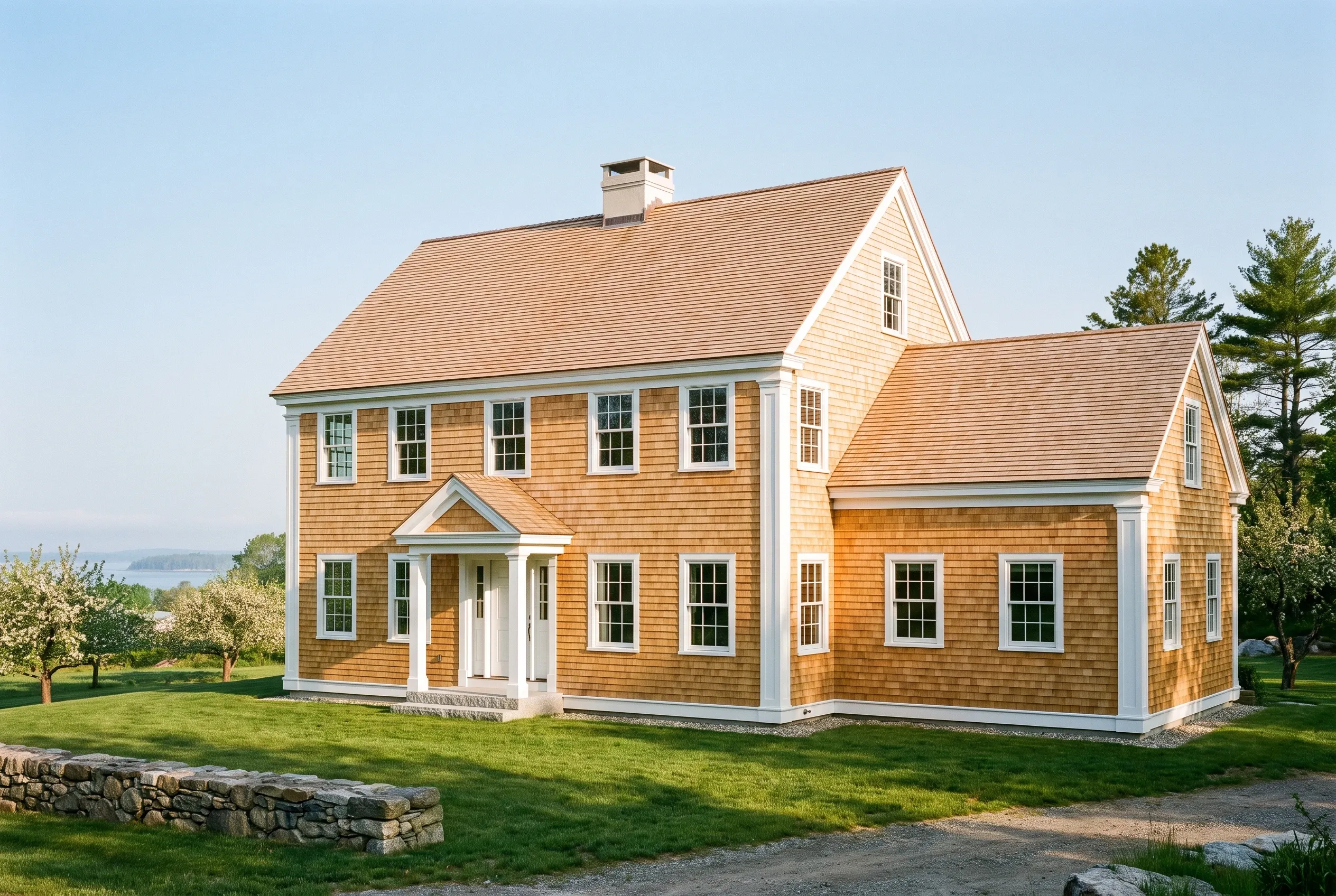 Re-sided colonial in Cumberland, Maine: Two-story house with golden cedar shake siding, white trim, and copper-brown roof shingles set on green lawn with water visible in distance.