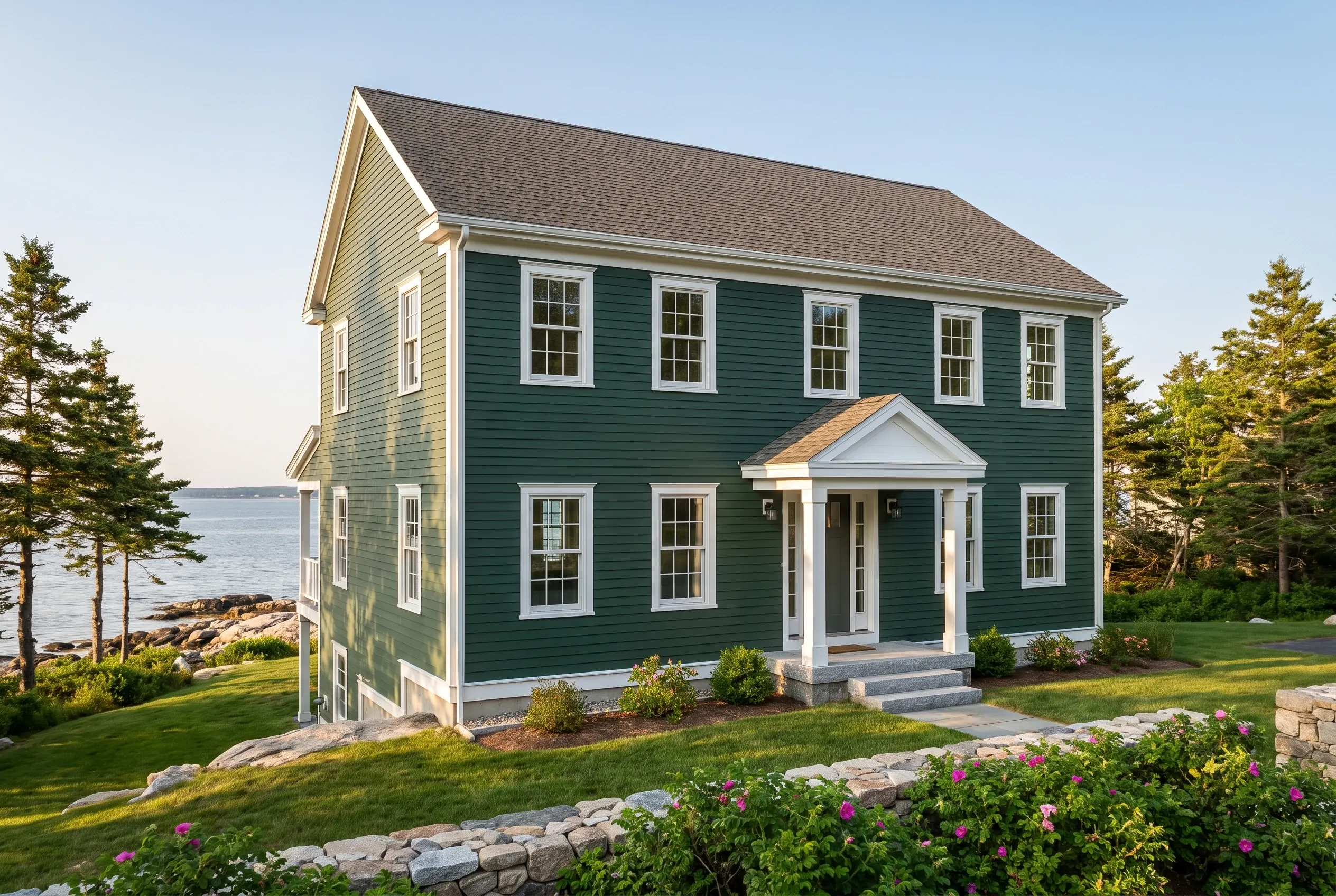 Green Colonial House in Cumberland, ME: Two-story colonial with dark green horizontal lap siding, white trim and shutters, gray roof, white front portico, situated on lawn with evergreens and flowers overlooking water.