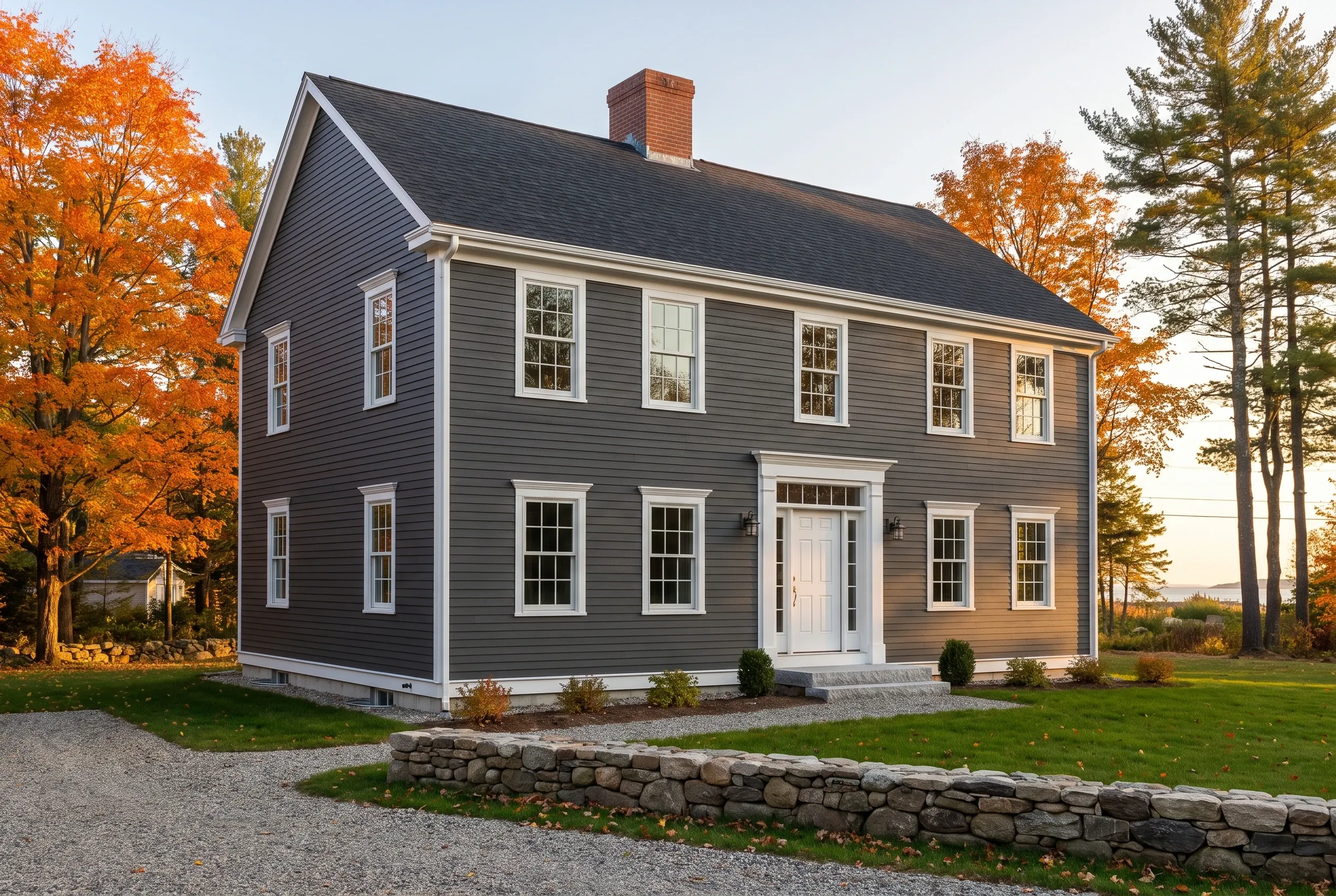 Siding contractors in Cumberland, ME: Two-story colonial house with dark gray horizontal siding, white trim, black roof, brick chimney, surrounded by autumn trees and stone wall.