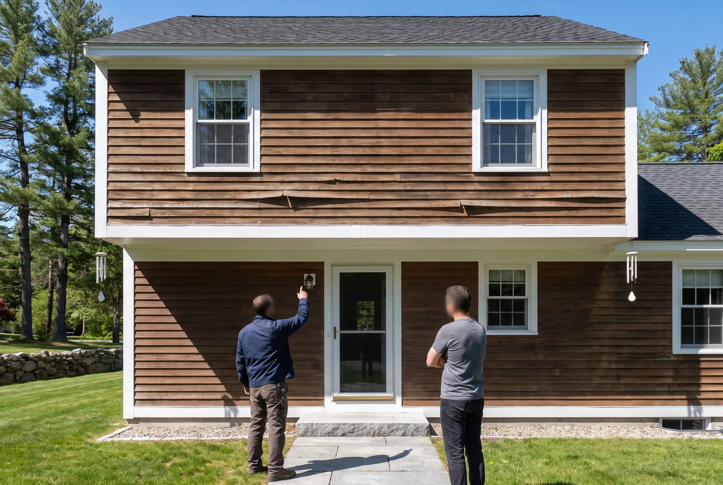 Brown and white sided home in Cumberland, Maine: Two men stand in front of a two-story house with brown horizontal siding, white trim, and gray roof, examining the facade on a sunny day with green lawn and pine trees visible.